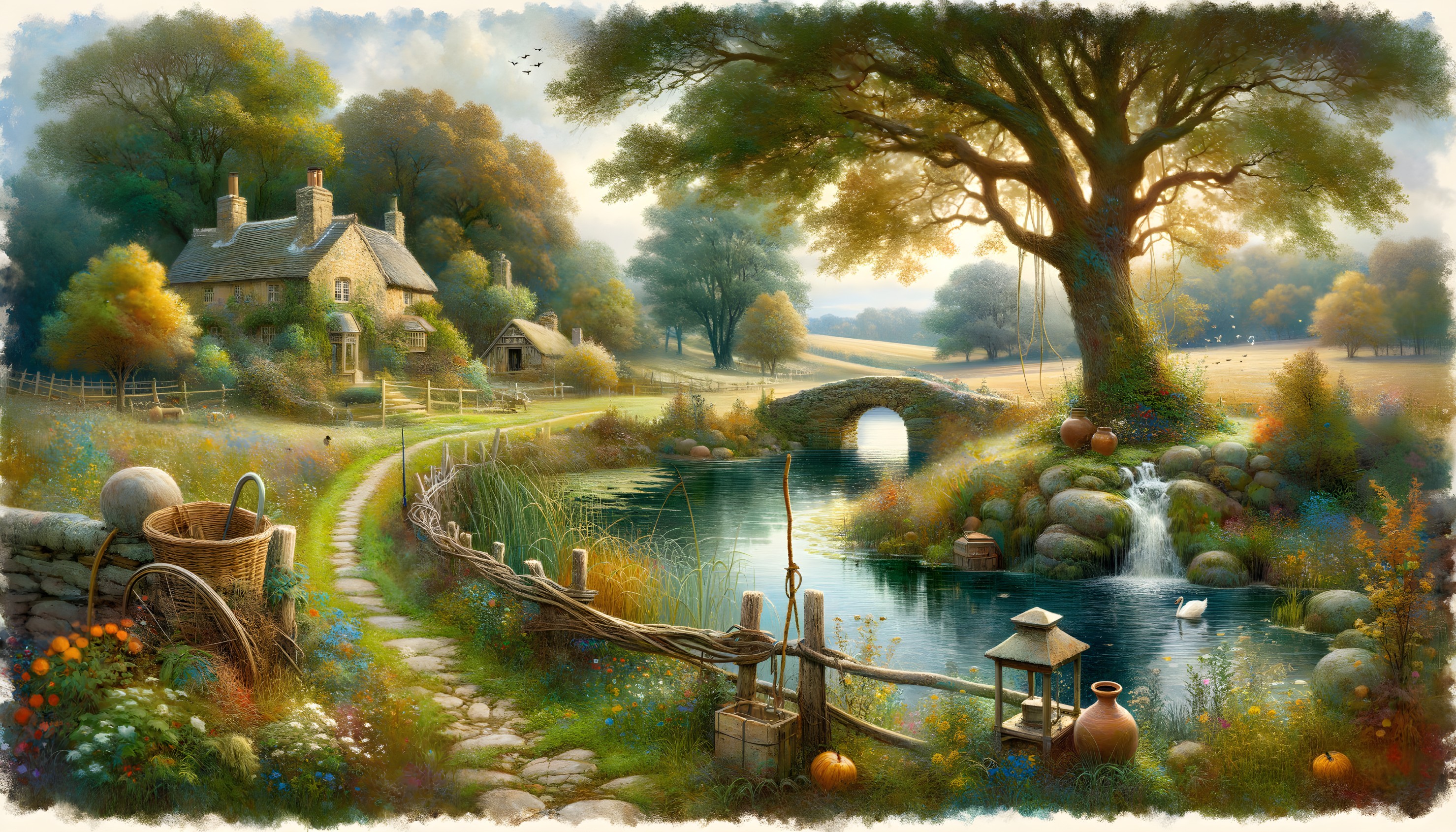 Idyllic Countryside Scene with Stone Cottage and Pond