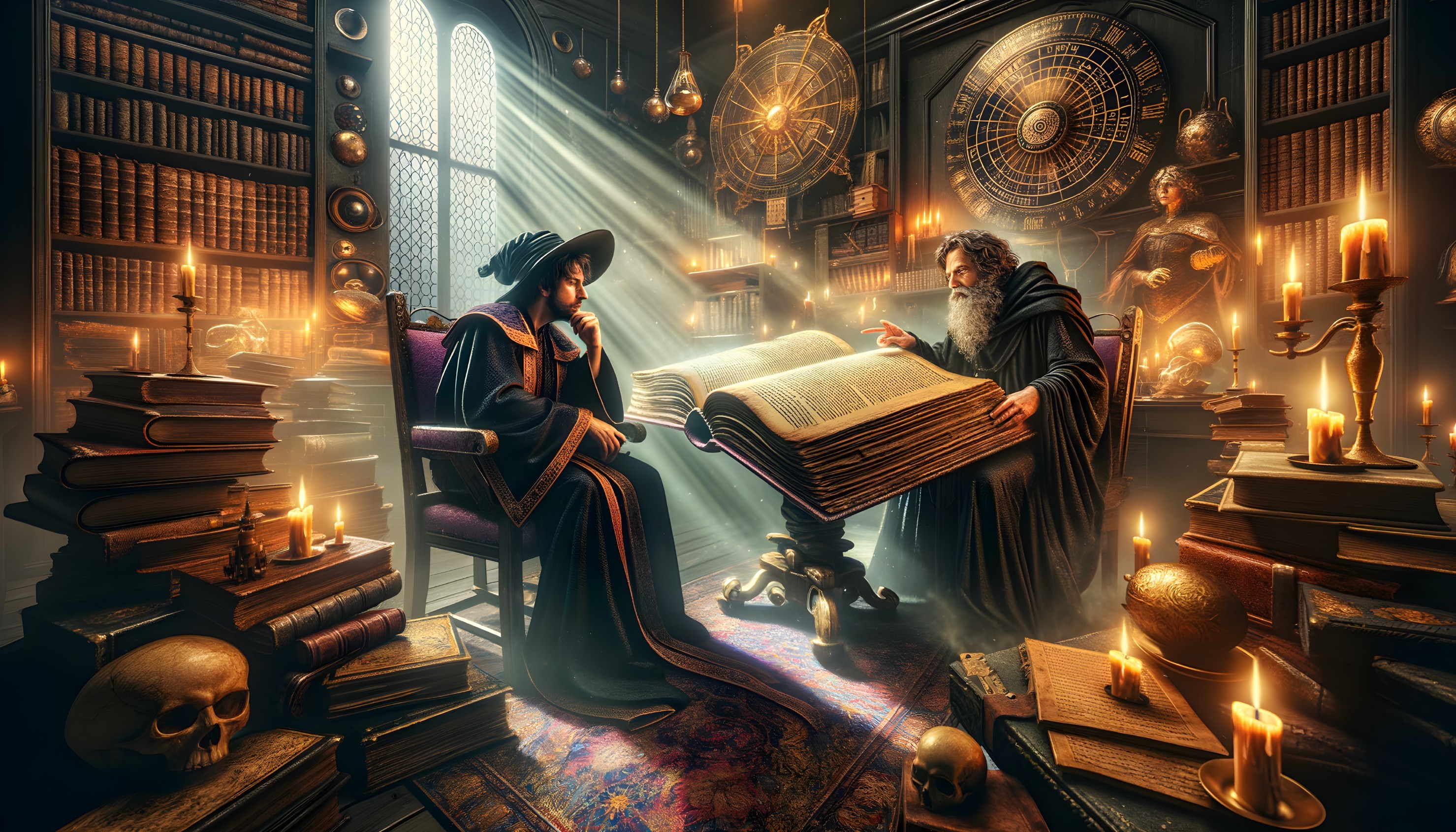 Renaissance scholars discuss in candlelit library