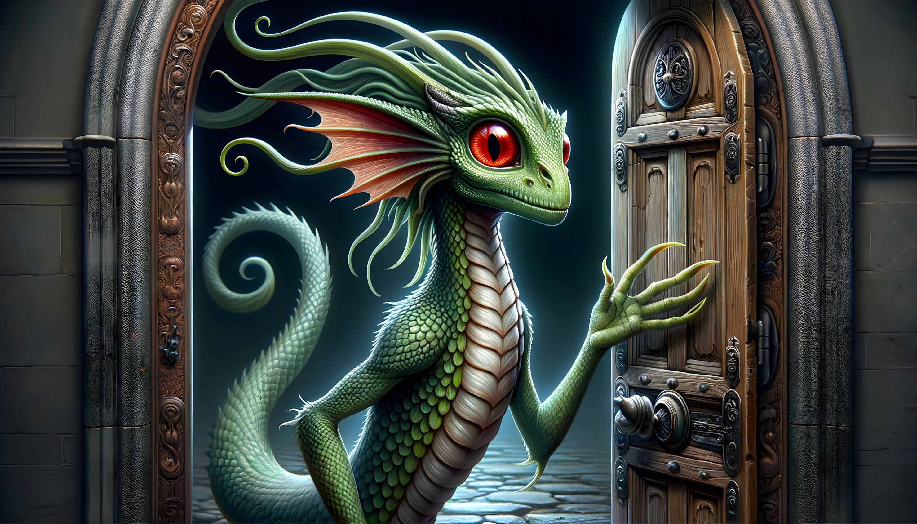 Whimsical dragon character by a wooden door in fantasy