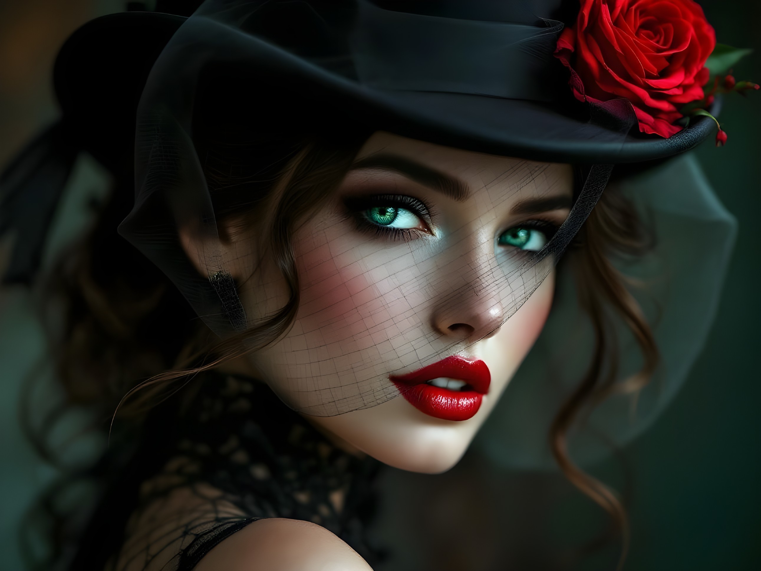 Portrait of a Woman with Green Eyes and Red Lips