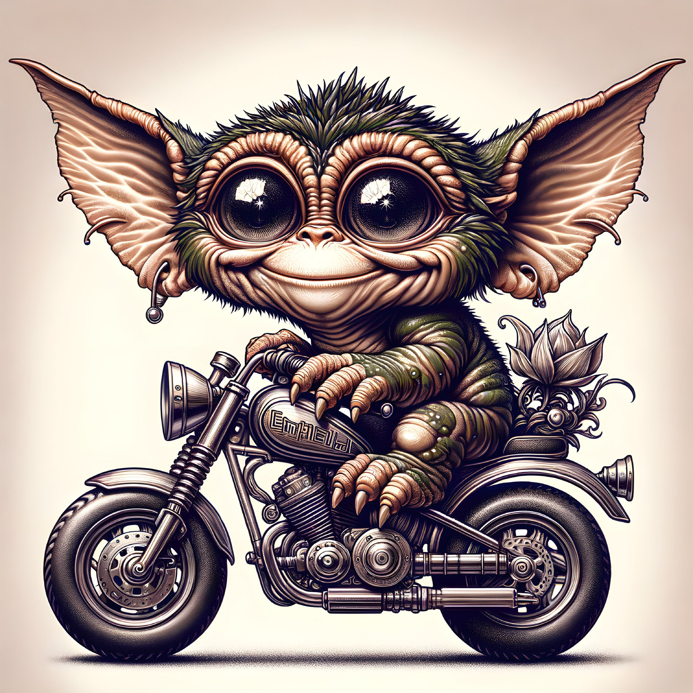 Furry creature on motorcycle with bat-like ears