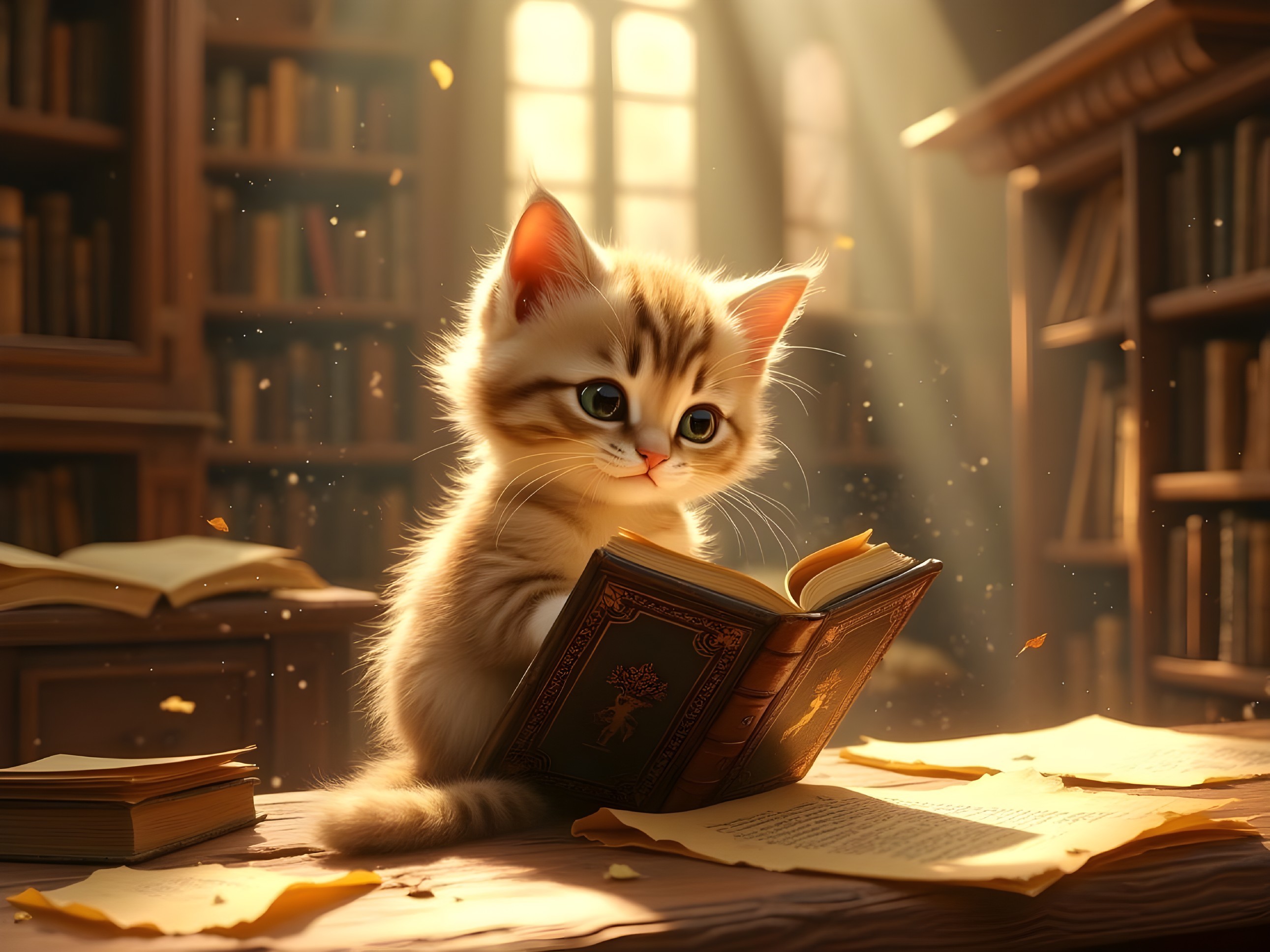 Cozy library scene with a curious kitten and books