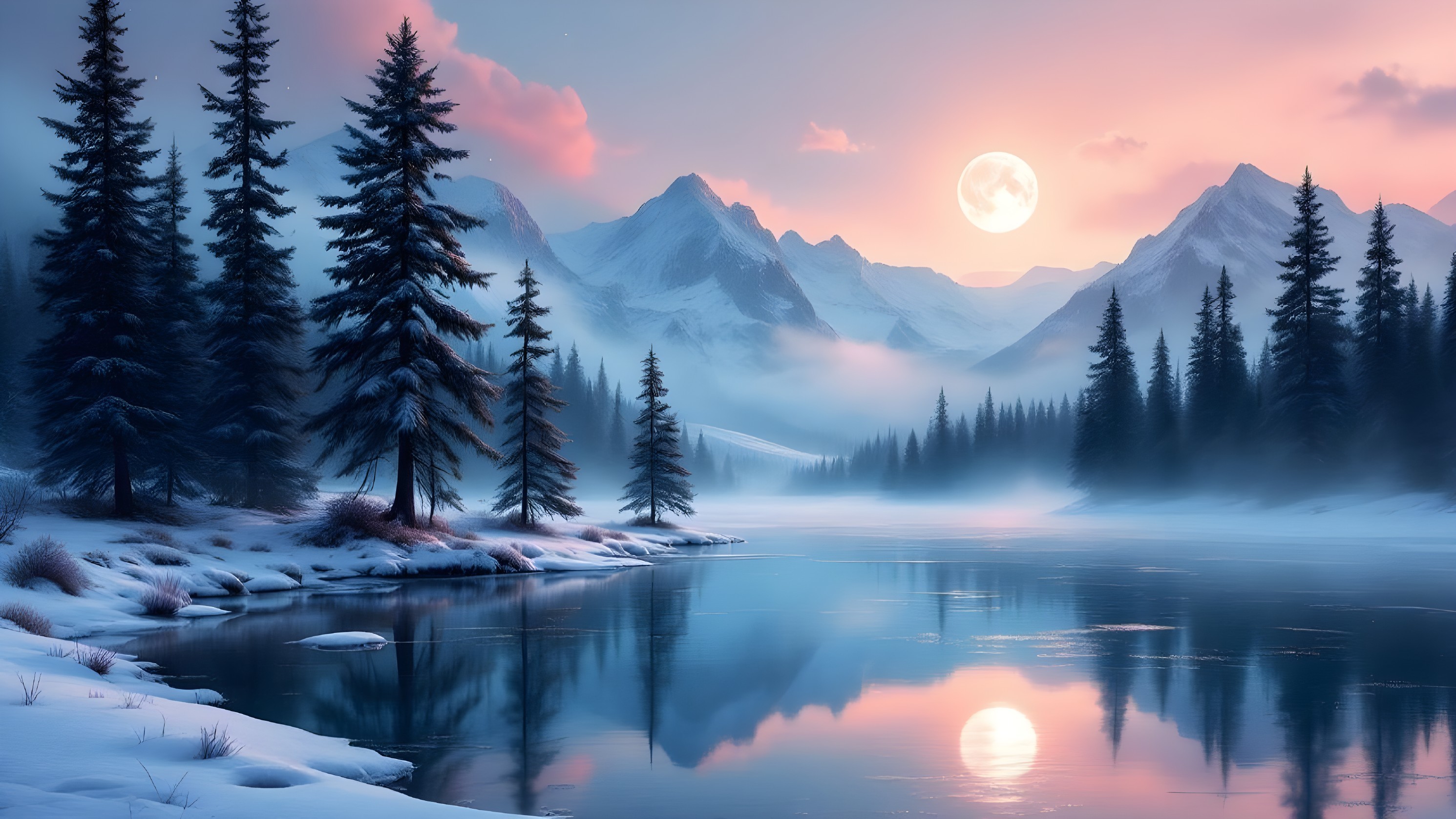 Serene Winter Landscape with Evergreen Trees and River