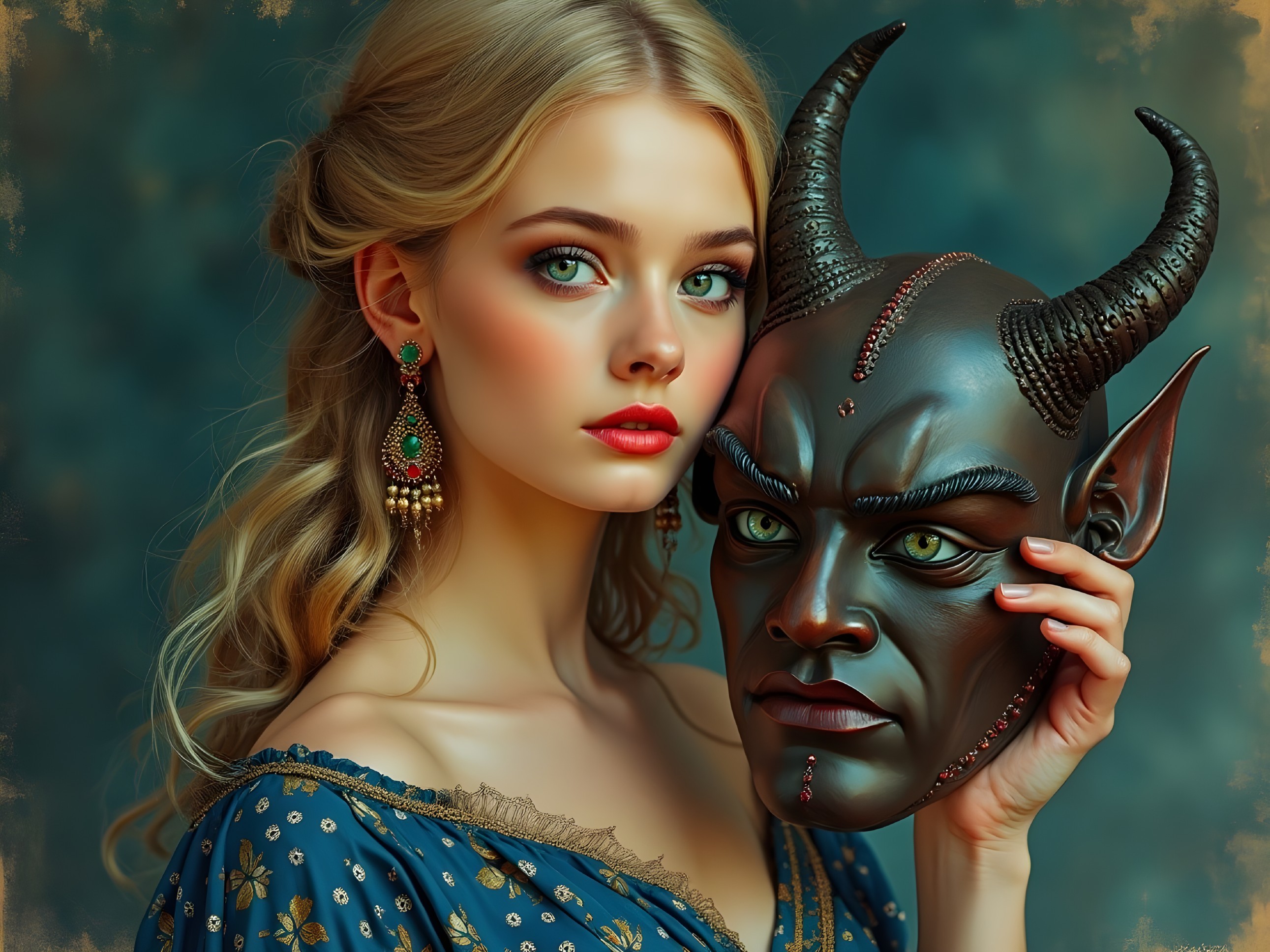 Portrait of a Young Woman with Horned Mask and Elegance