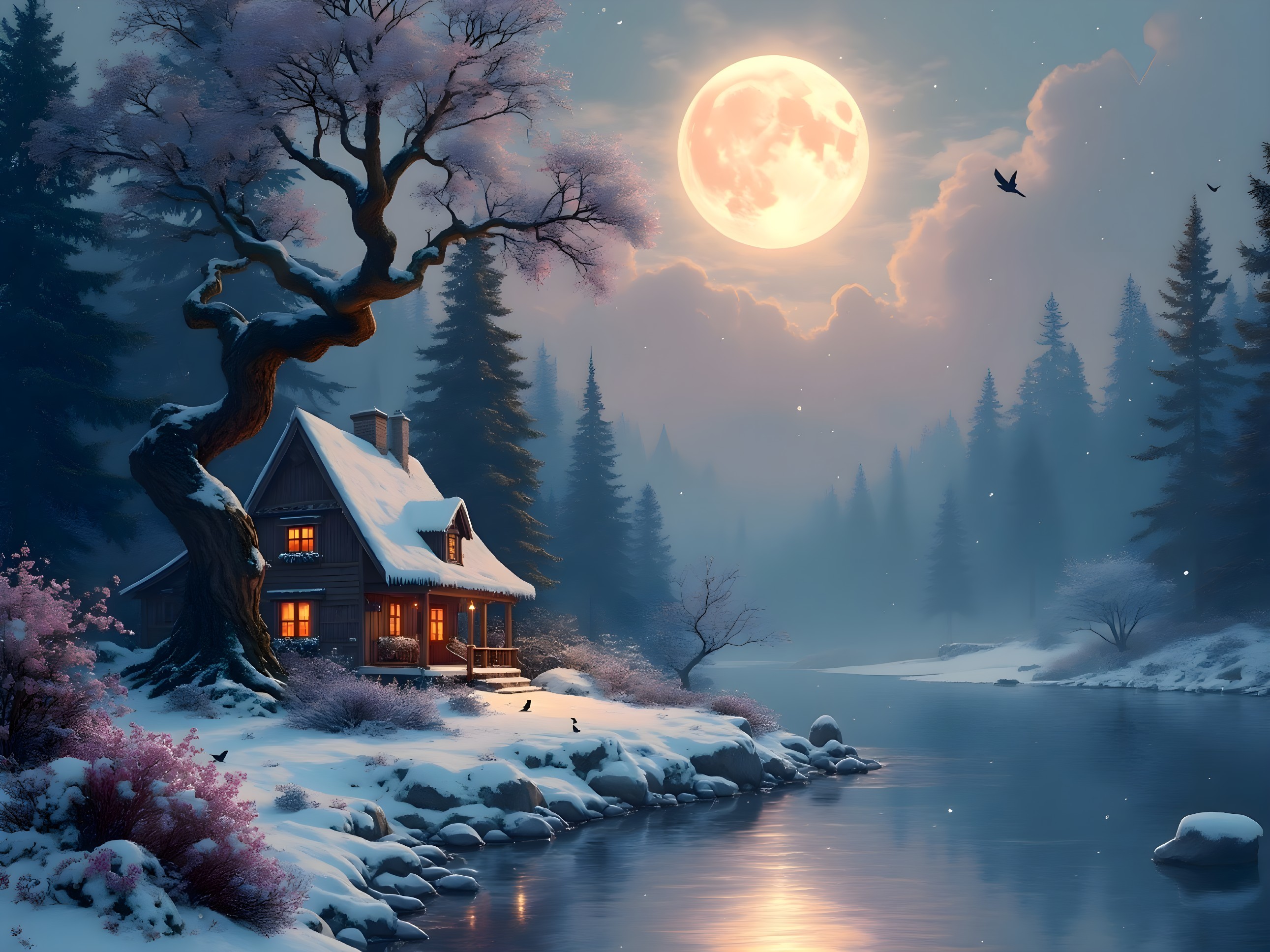 Cozy Cabin by Tranquil River in Winter Landscape