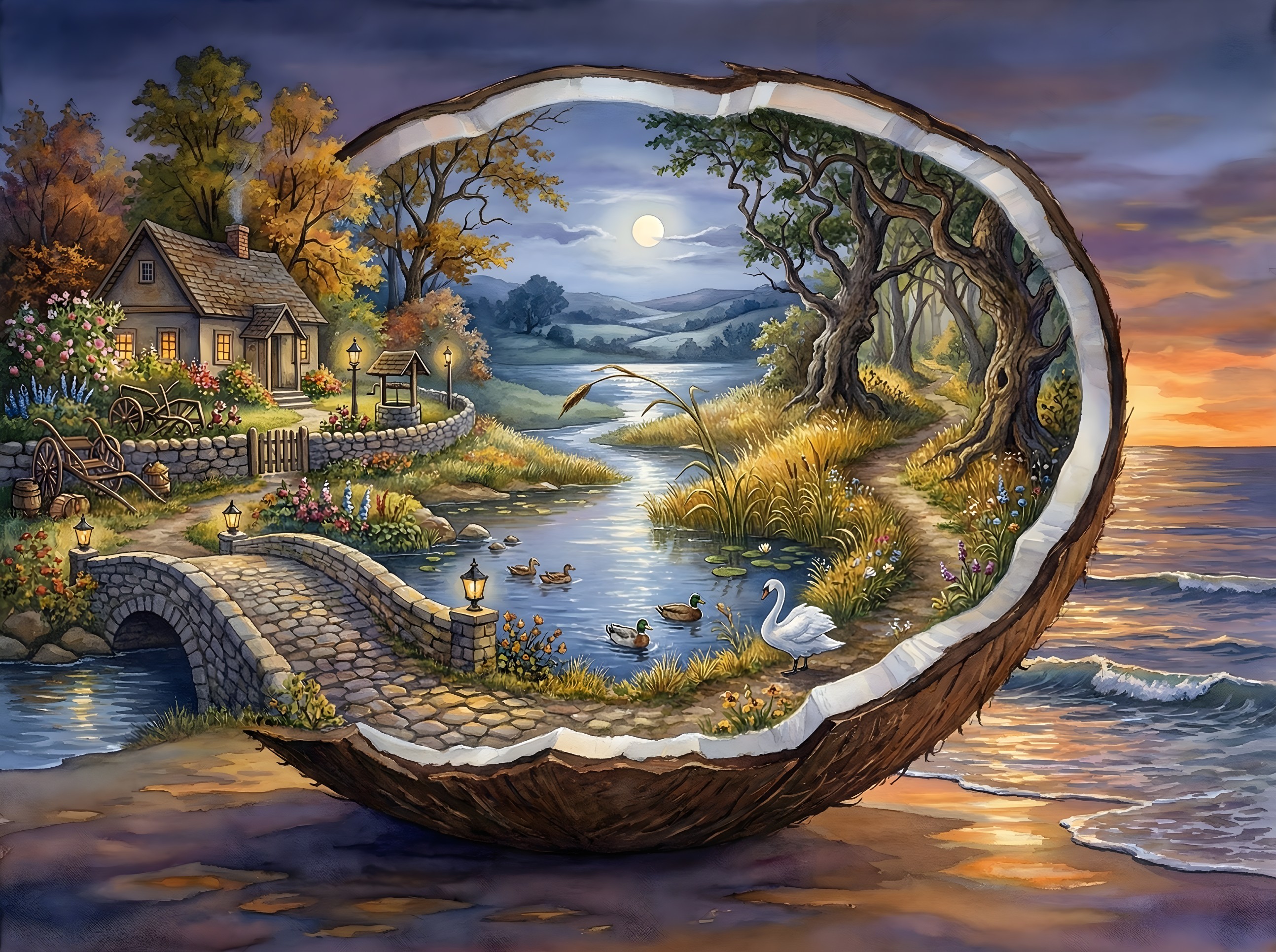 Coconut Shell Beach Scene with Village and River Details