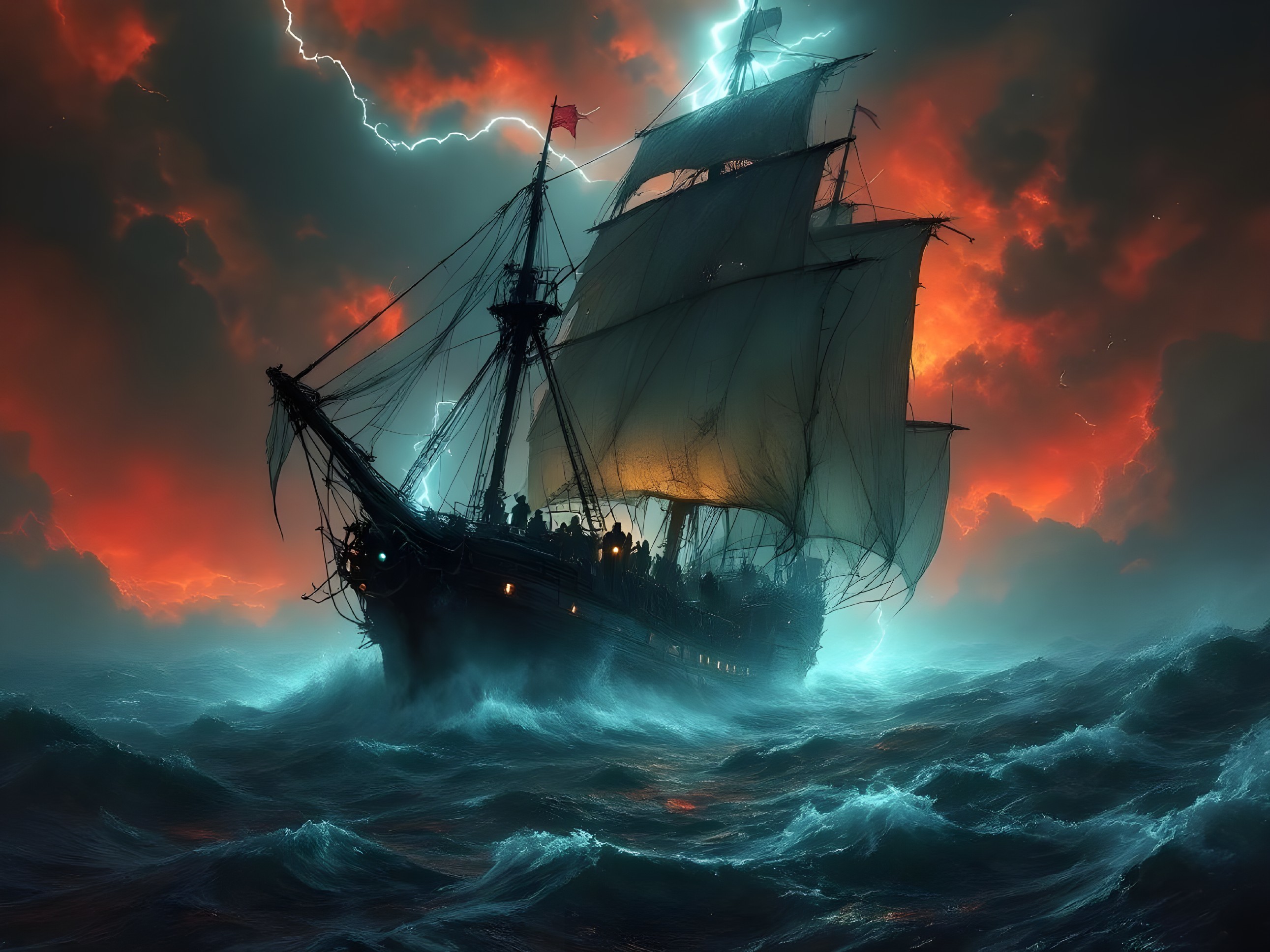 Ghostly Ship in Stormy Seas with Lightning and Shadows