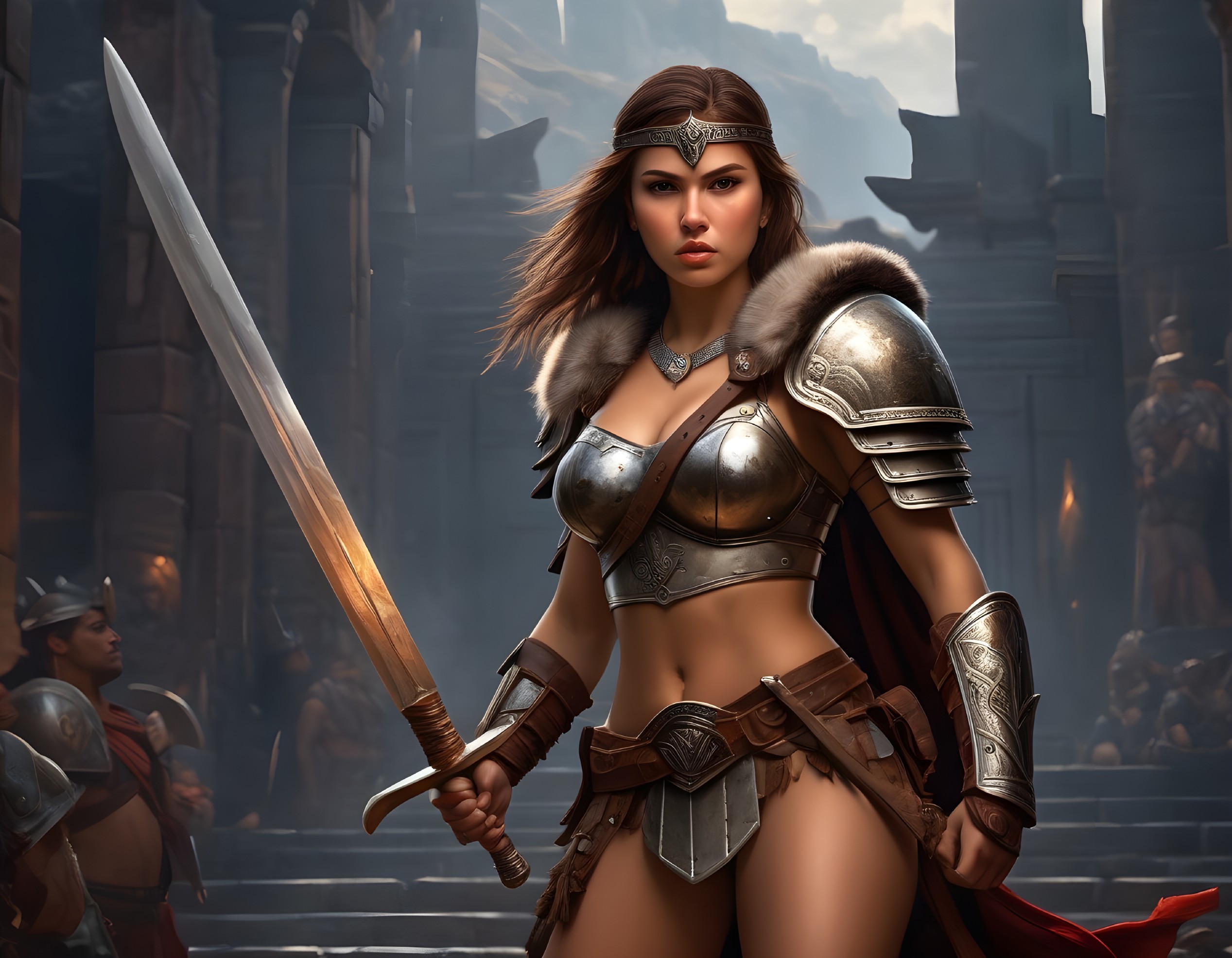 Fierce Female Warrior in Armor on Ancient Battlefield