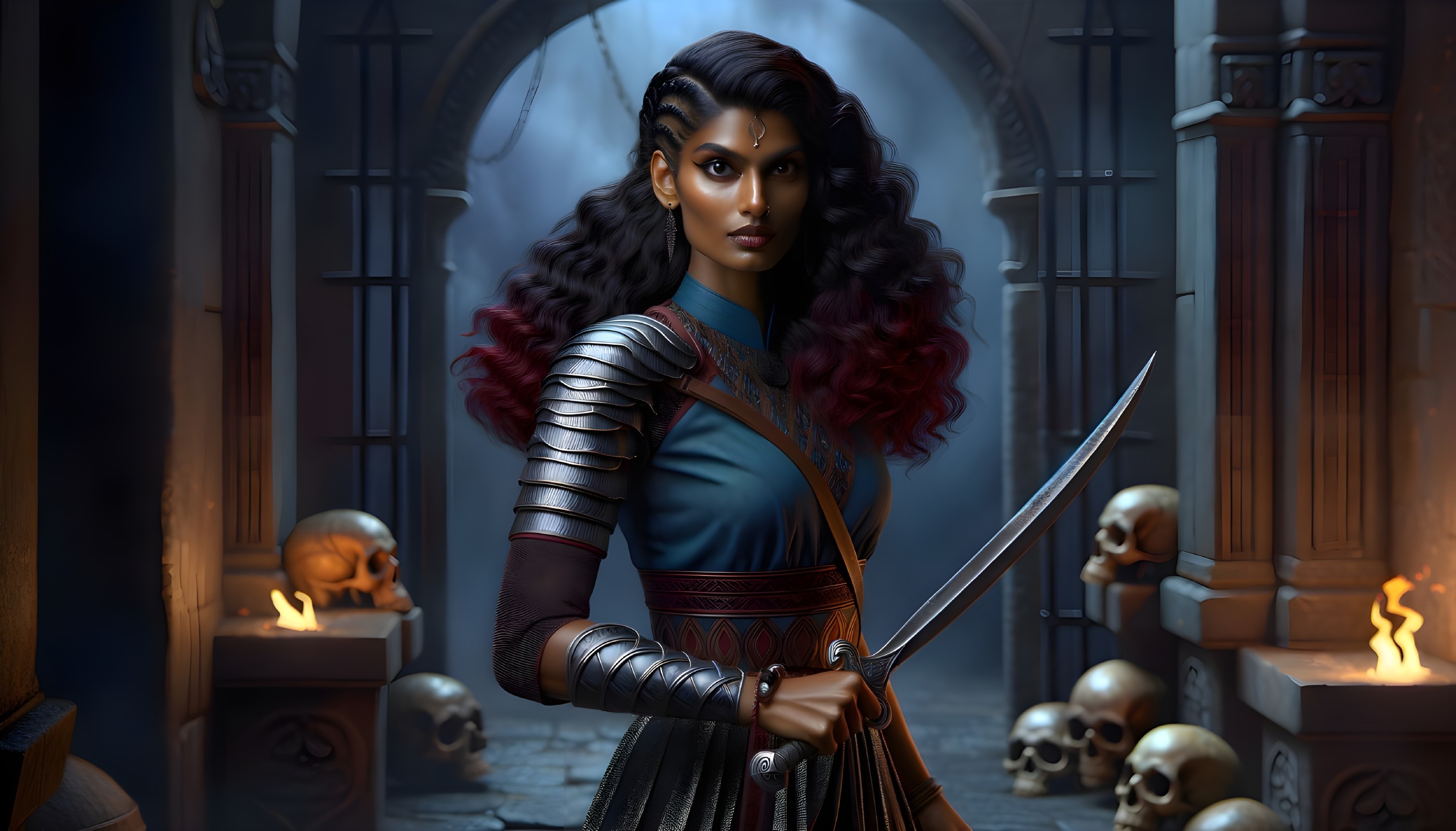 Warrior in Silver Armor in Dimly Lit Stone Chamber