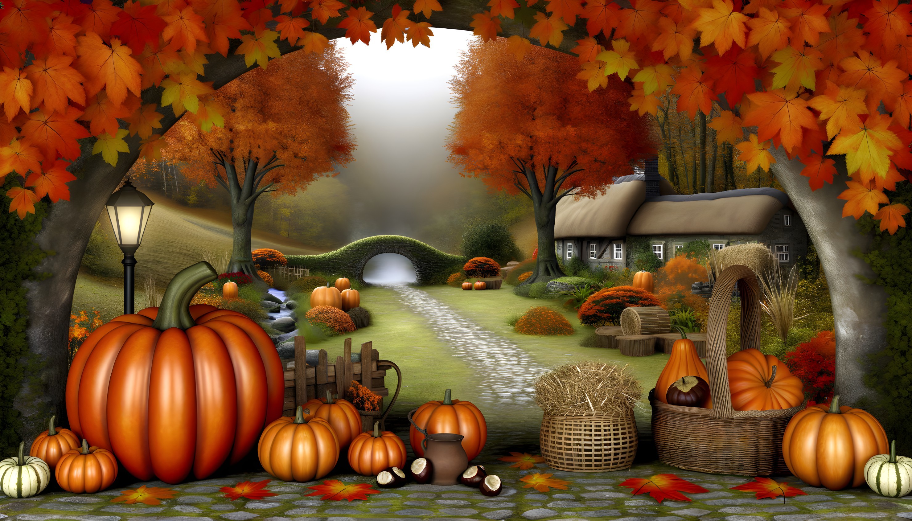 Autumn Landscape with Pumpkins and Colorful Foliage