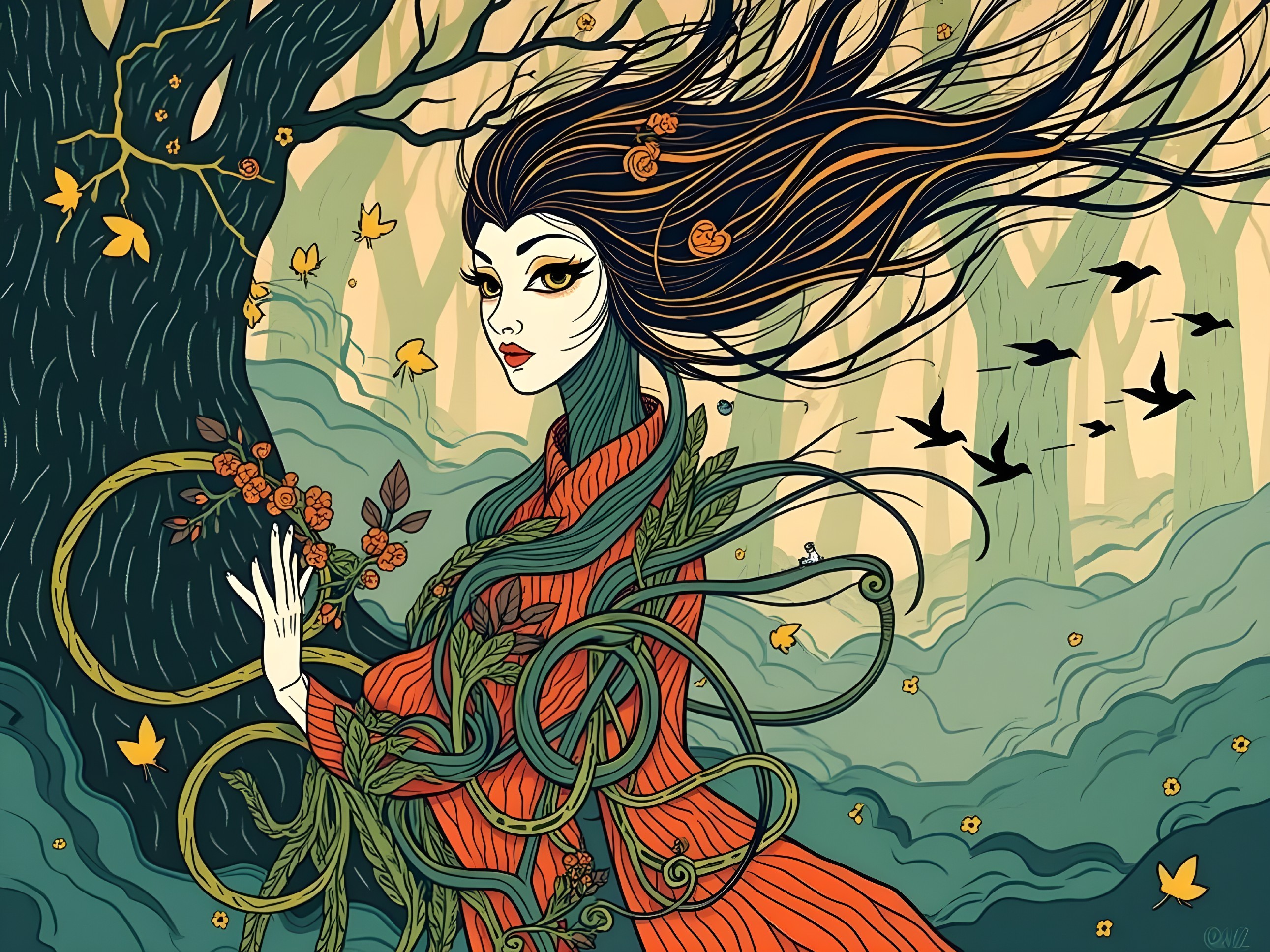Mystical Woman in Forest with Vines and Flowers