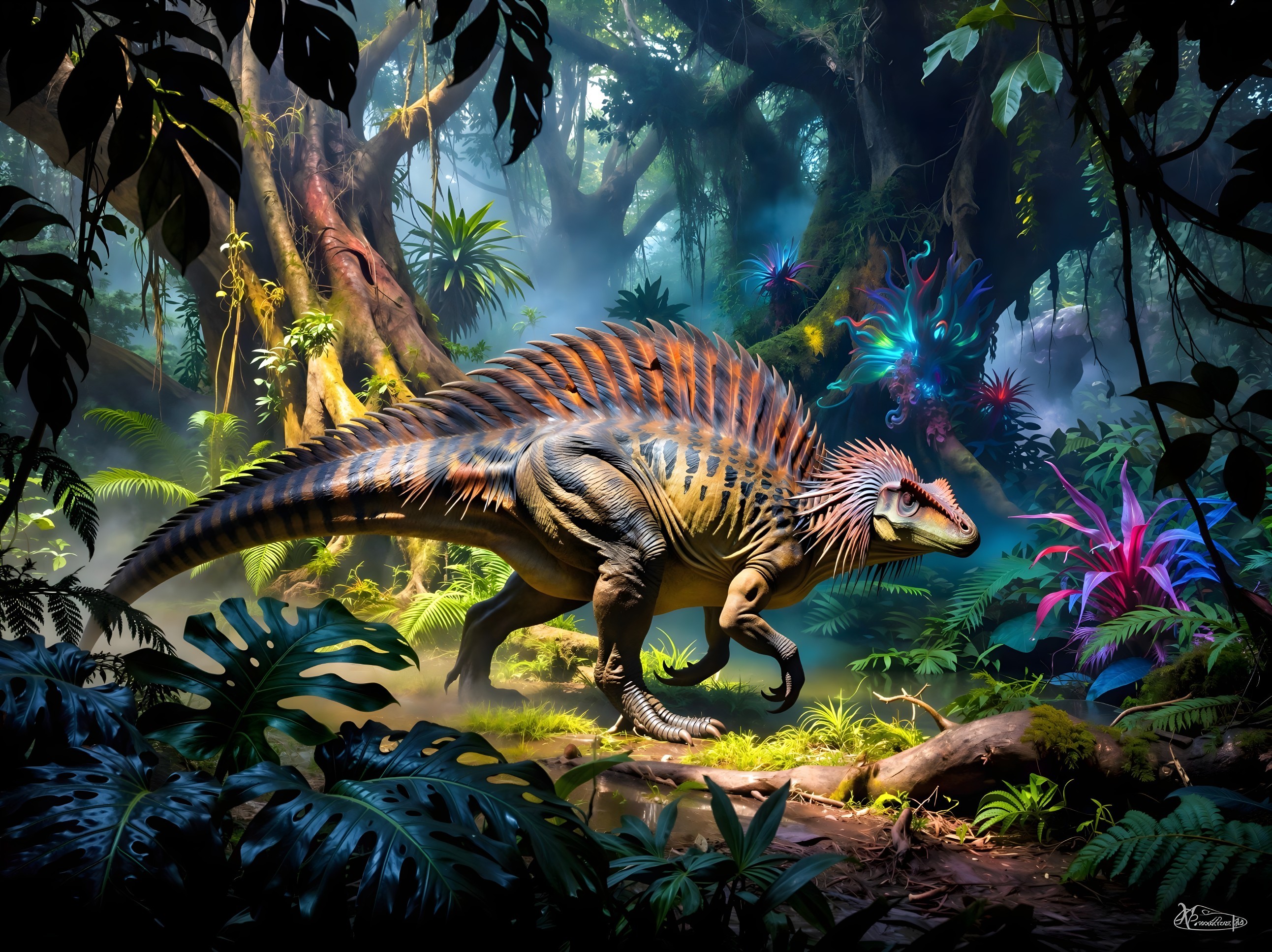 Detailed Digital Artwork of a Colorful Dinosaur in Jungle