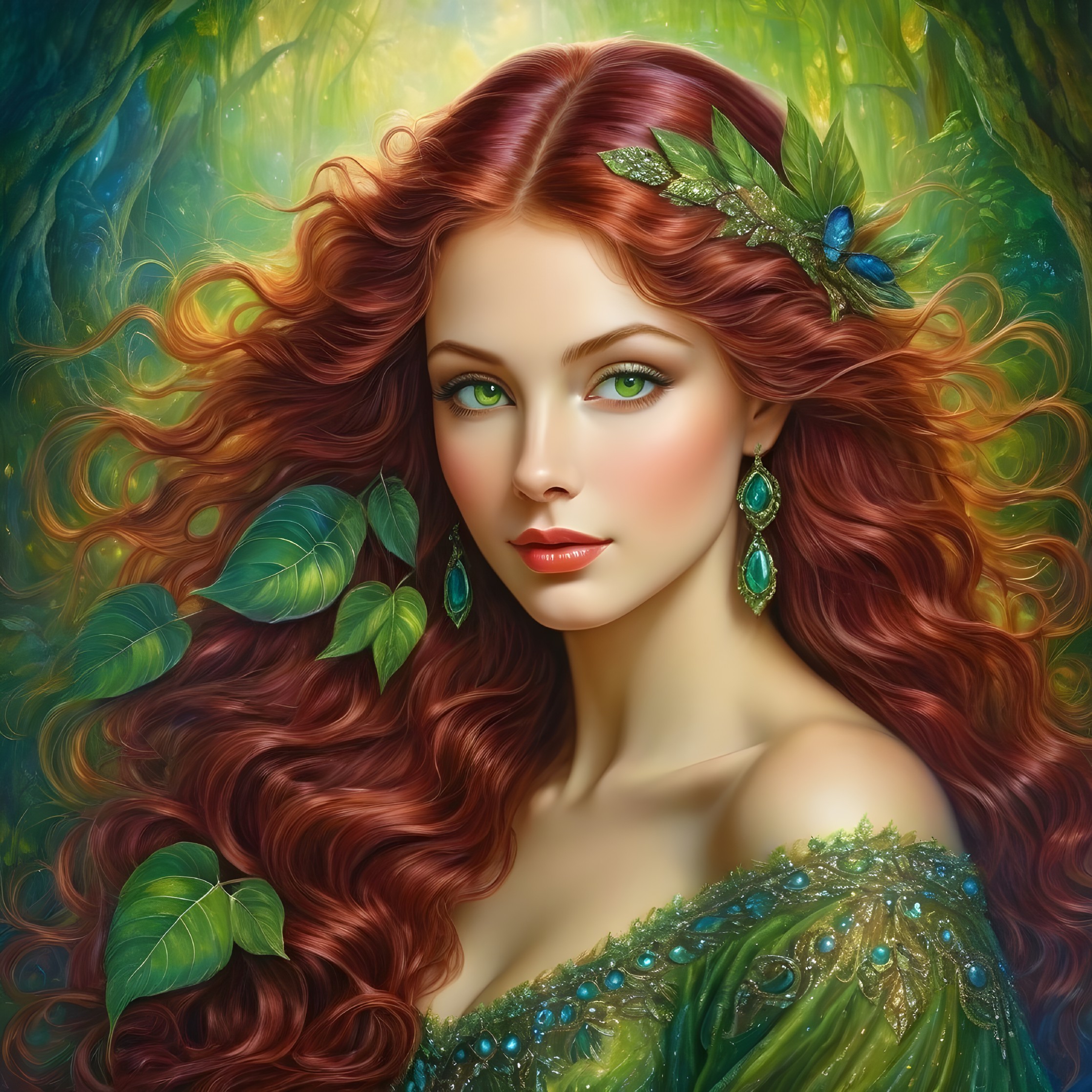 Ethereal Woman in Emerald Gown in Vibrant Forest