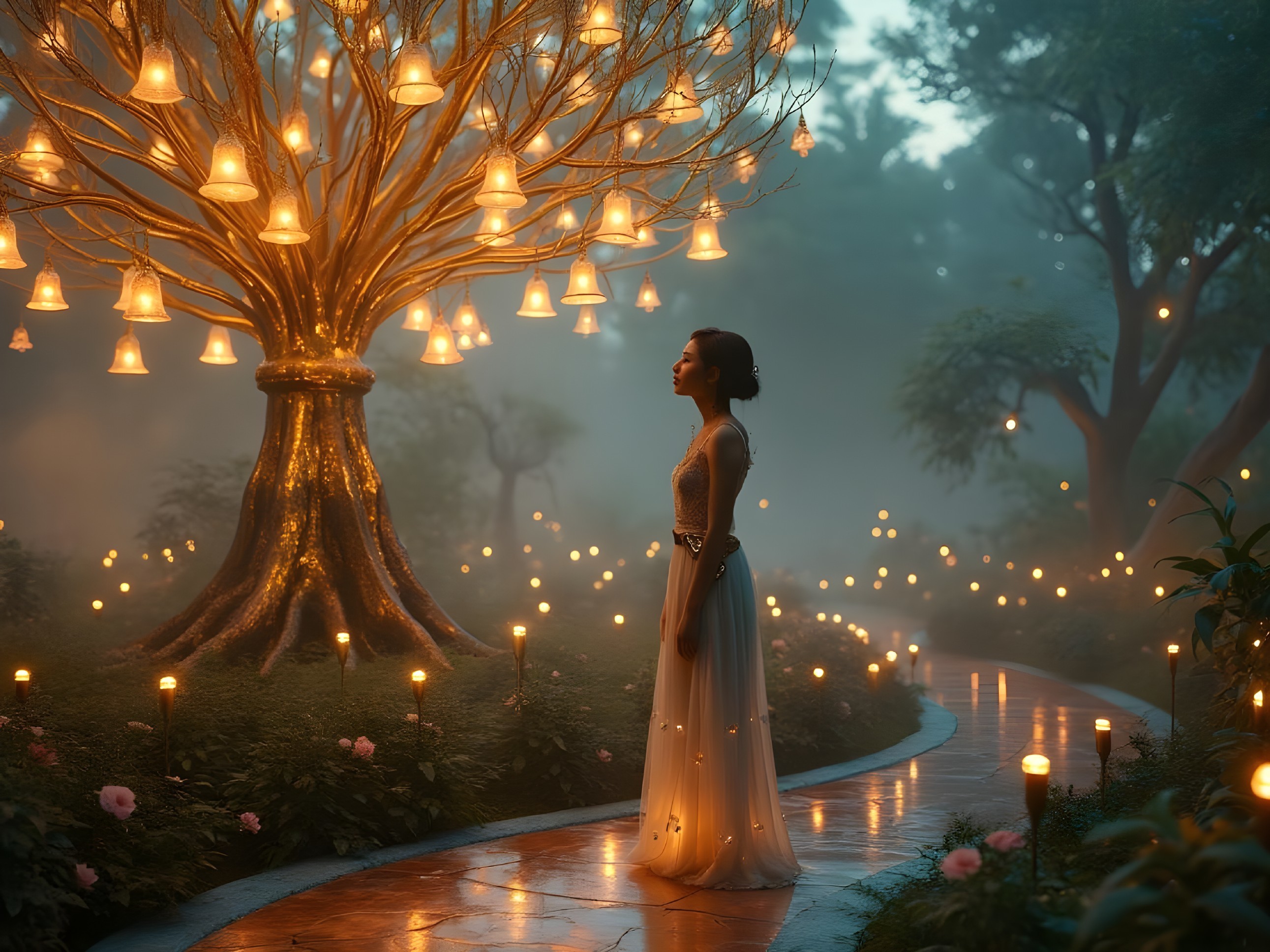 Ethereal Garden with Golden Tree and Lanterns