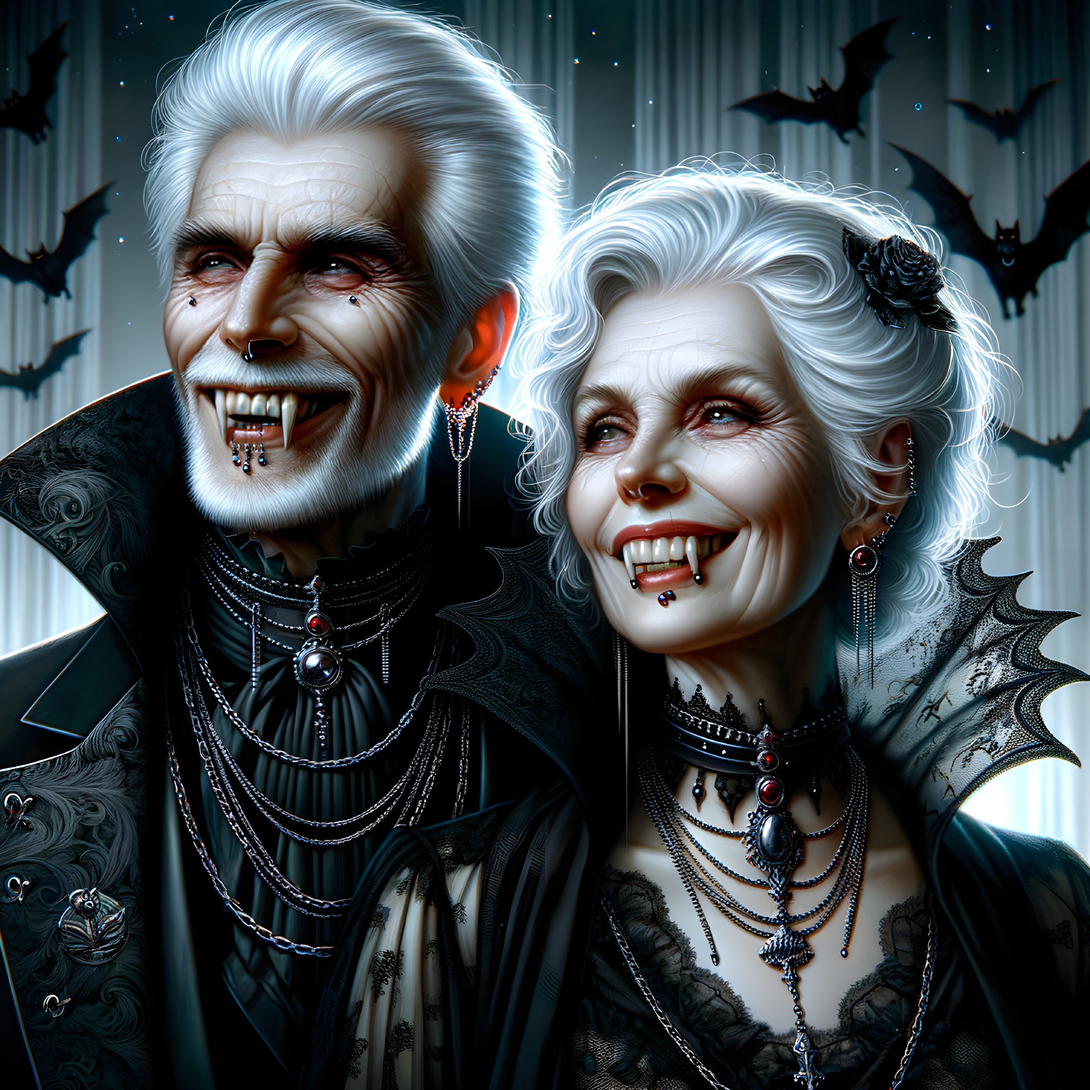 Elderly vampire couple in gothic attire with sharp fangs and bats in the background