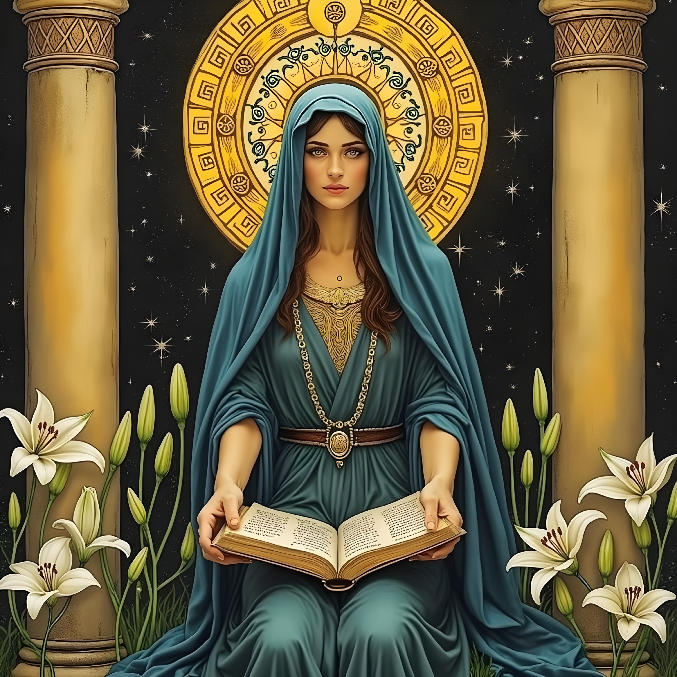 Serene Woman in Blue Robe with Open Book and Lilies