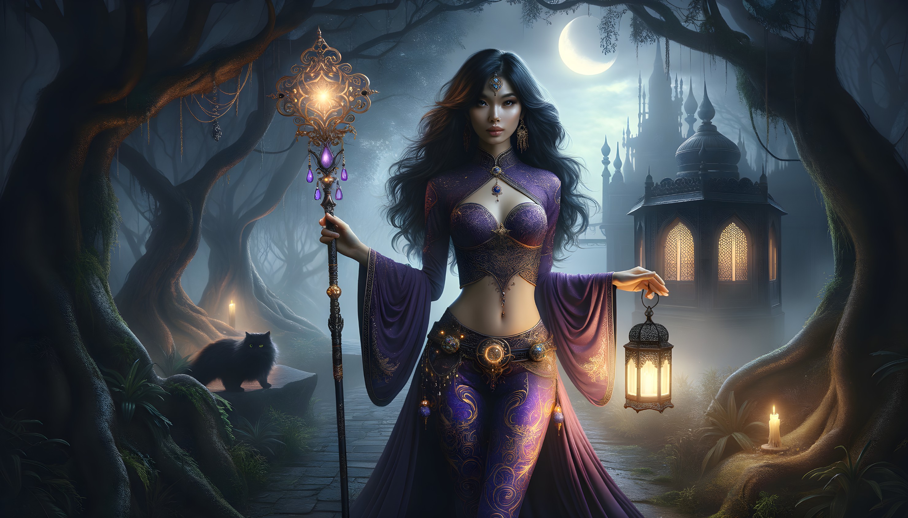 Sorceress in Twilight Forest with Lantern and Cat