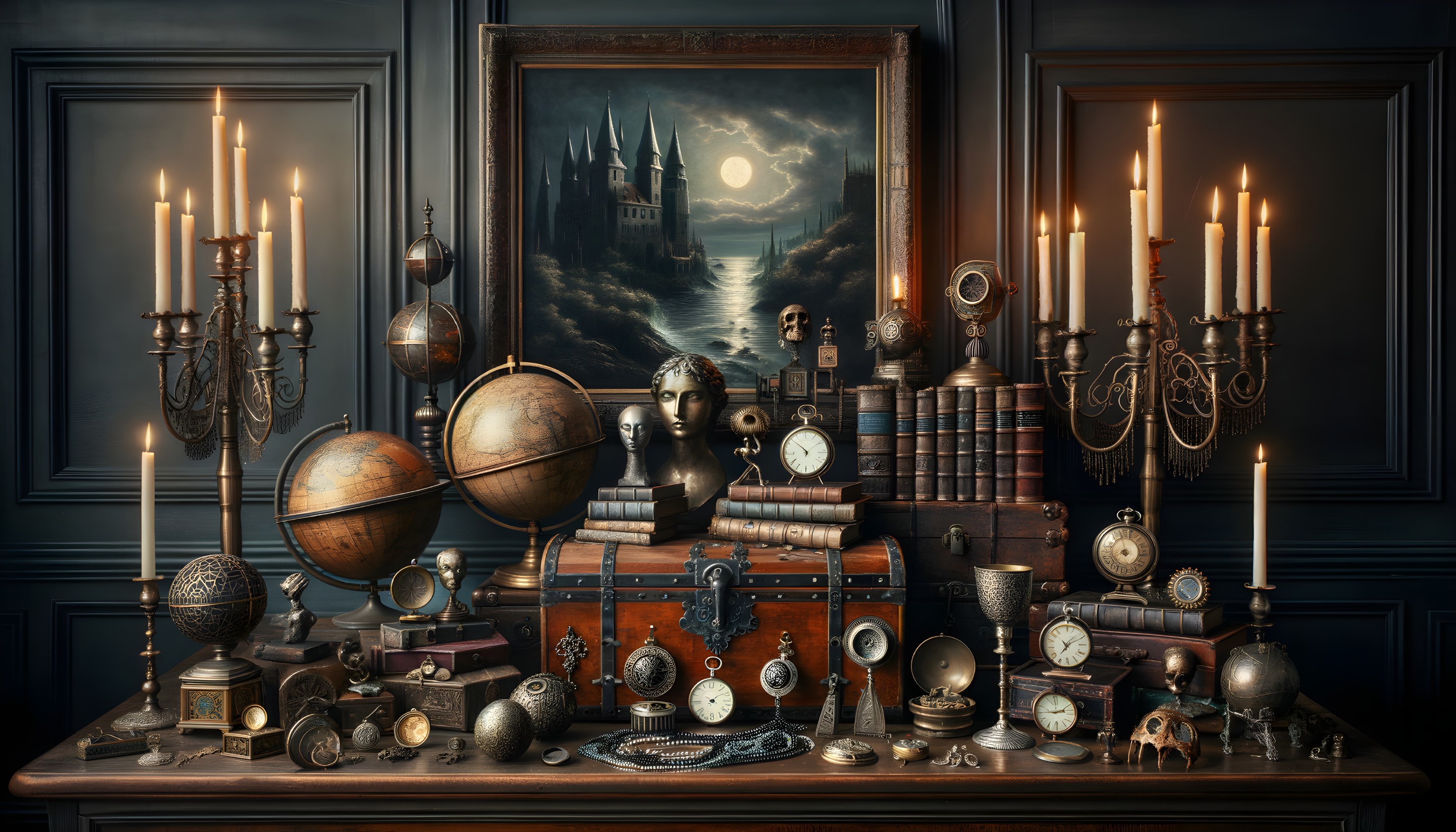 Antique Display with Globes, Books, and Clocks