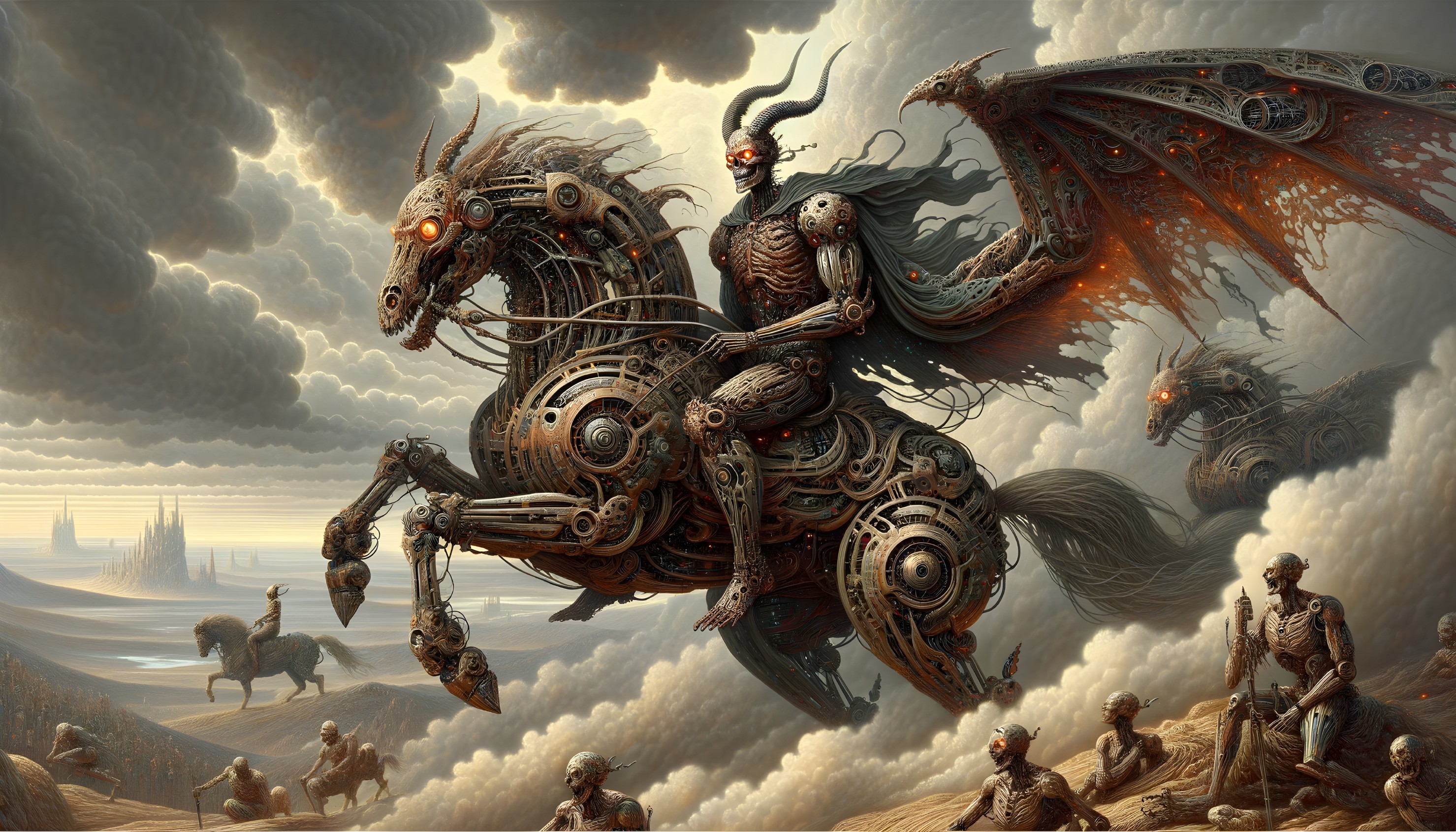 Steampunk-style image of mechanical horse and rider in the sky