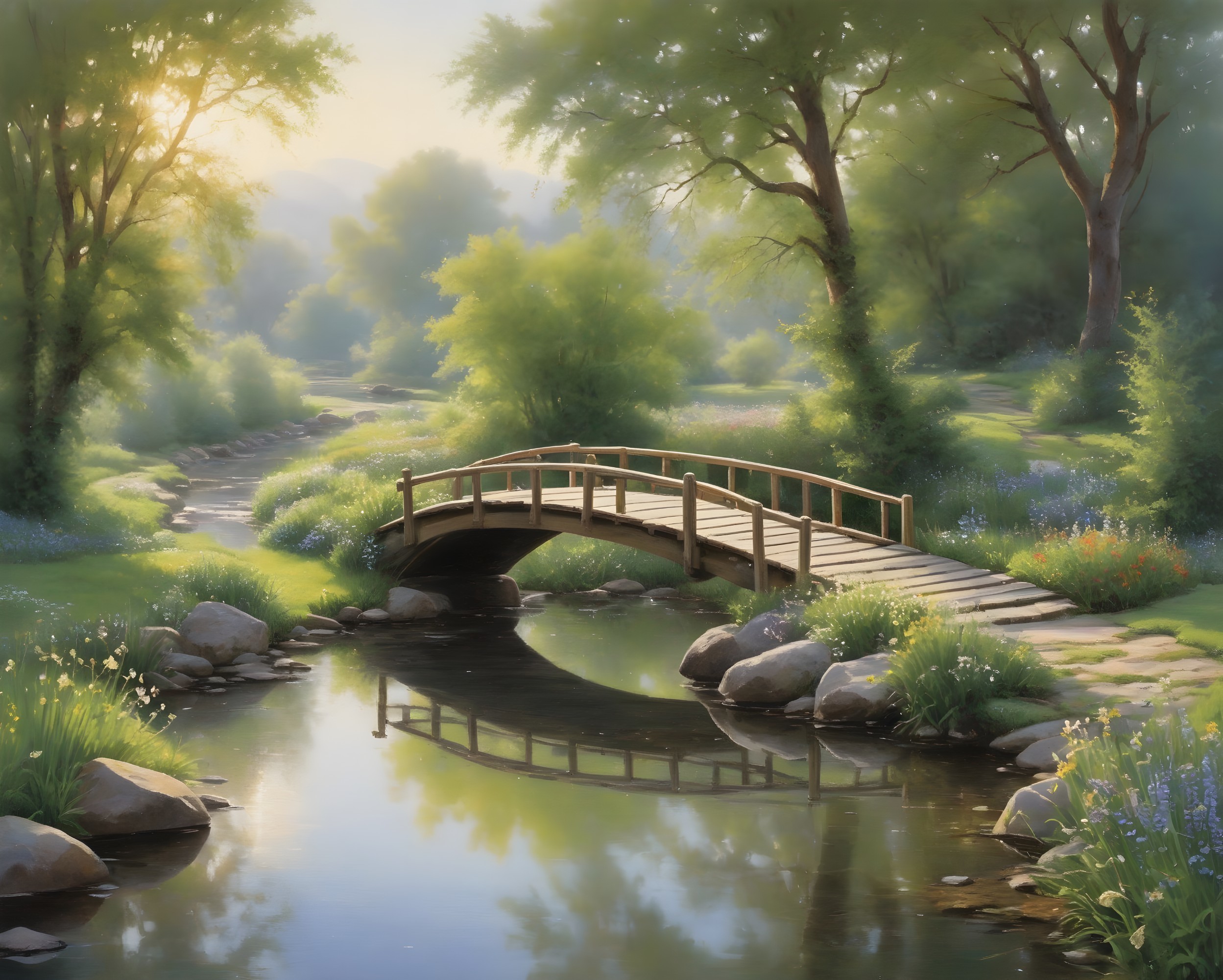 Tranquil Landscape with Wooden Bridge and Stream