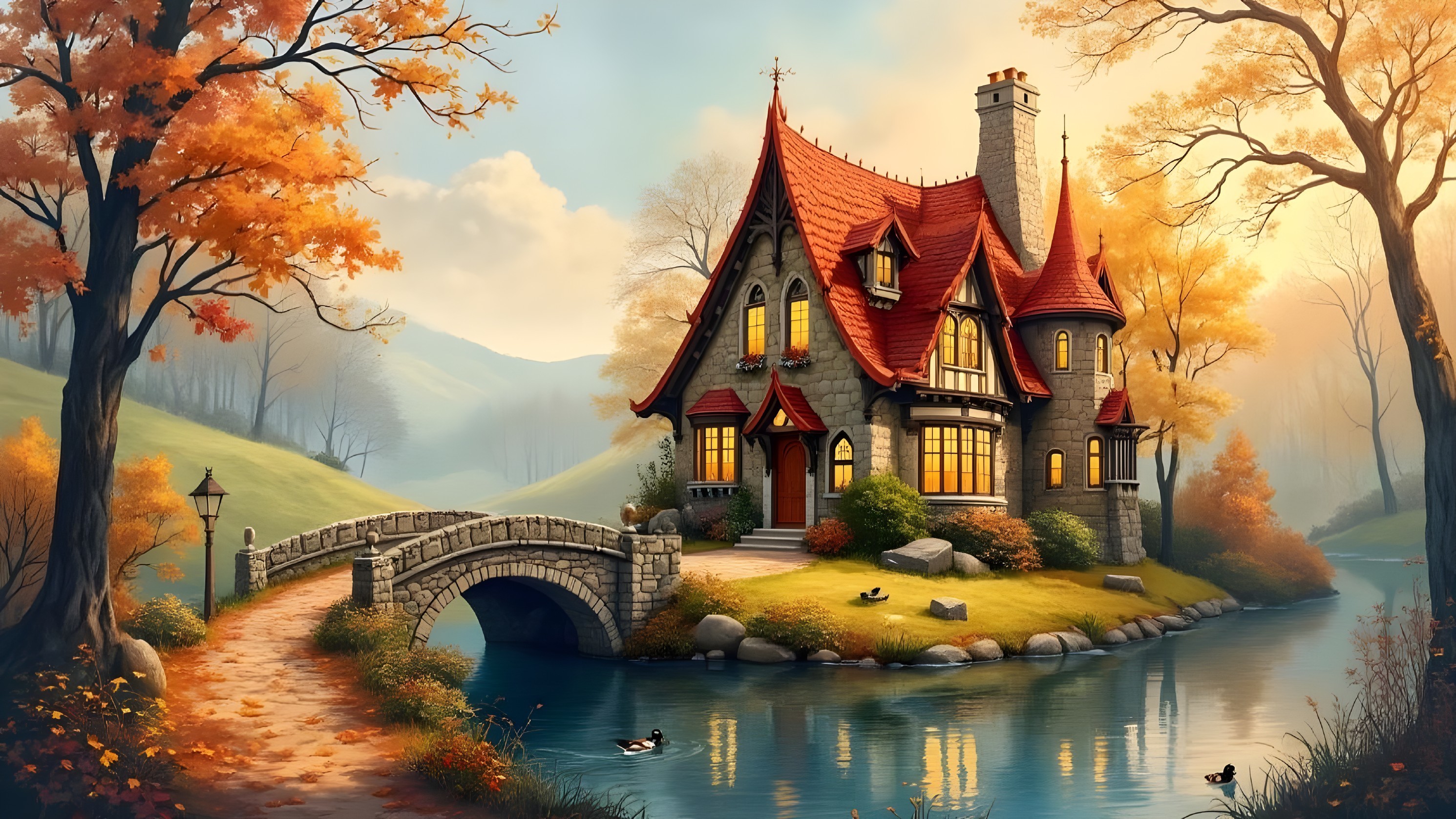 Stone Cottage by River with Autumn Foliage and Bridge