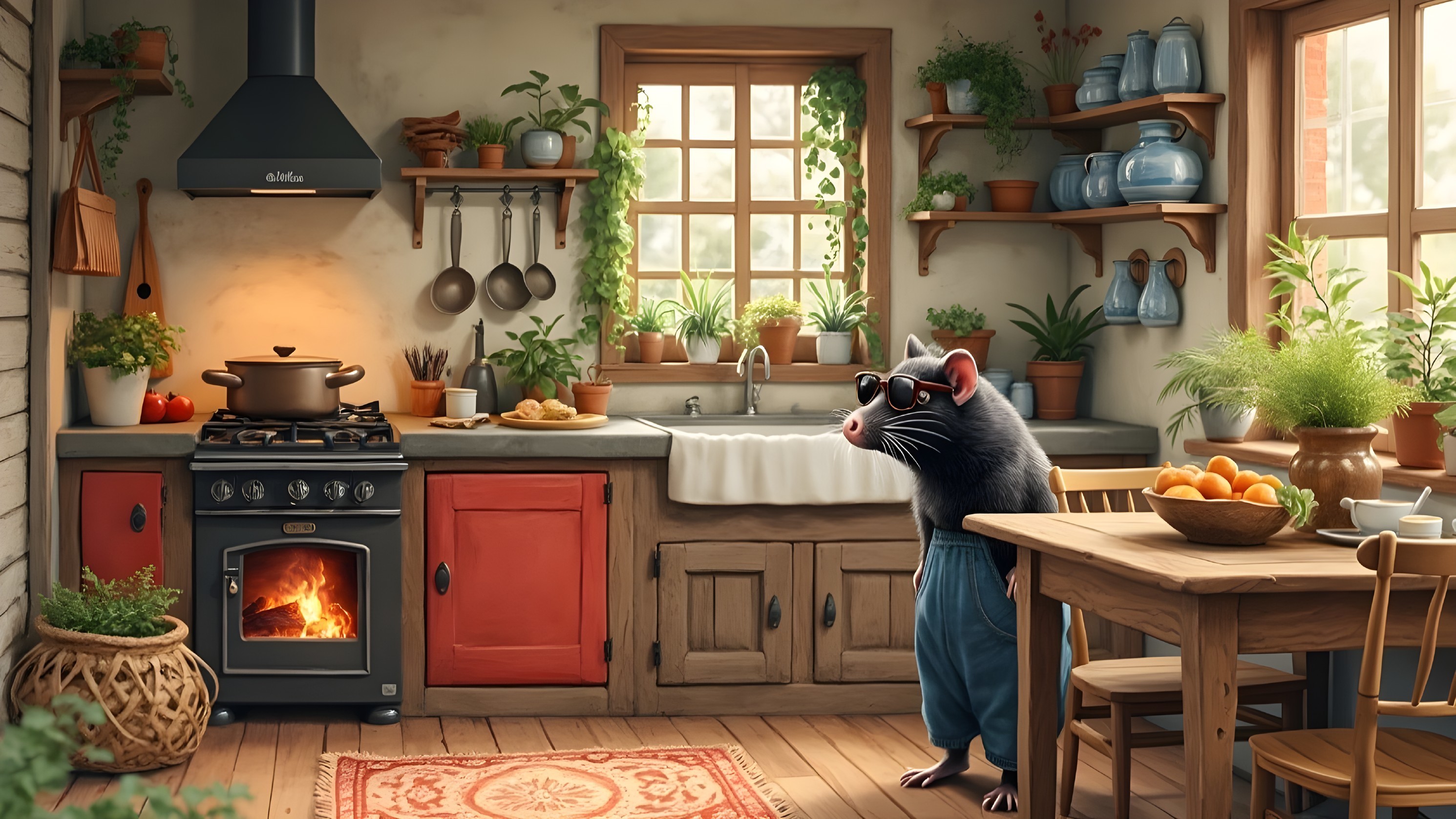 Cozy Kitchen with Cartoon Rat and Rustic Decor