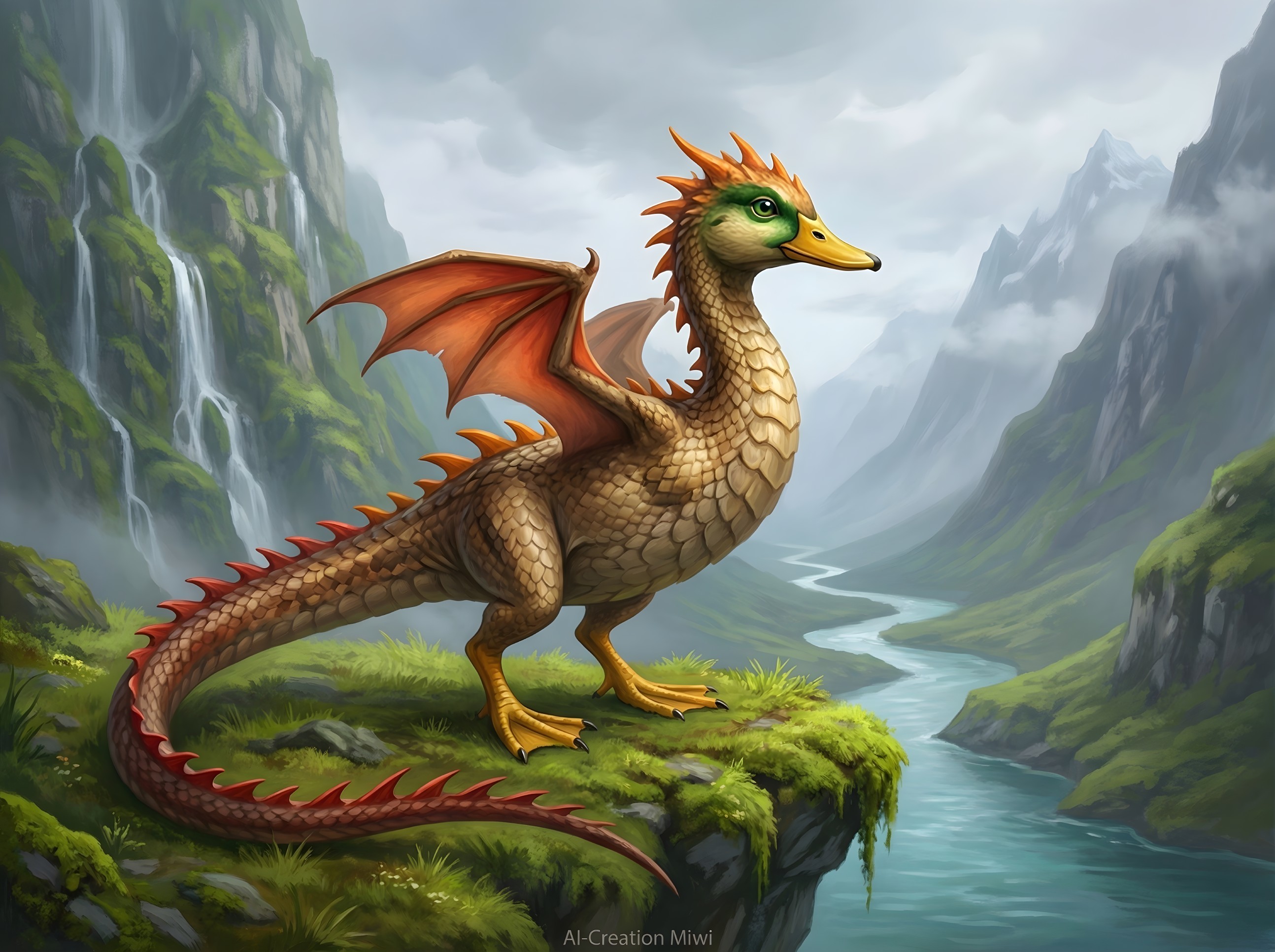 Detailed Digital Painting of a Dragon-Duck Hybrid Creature