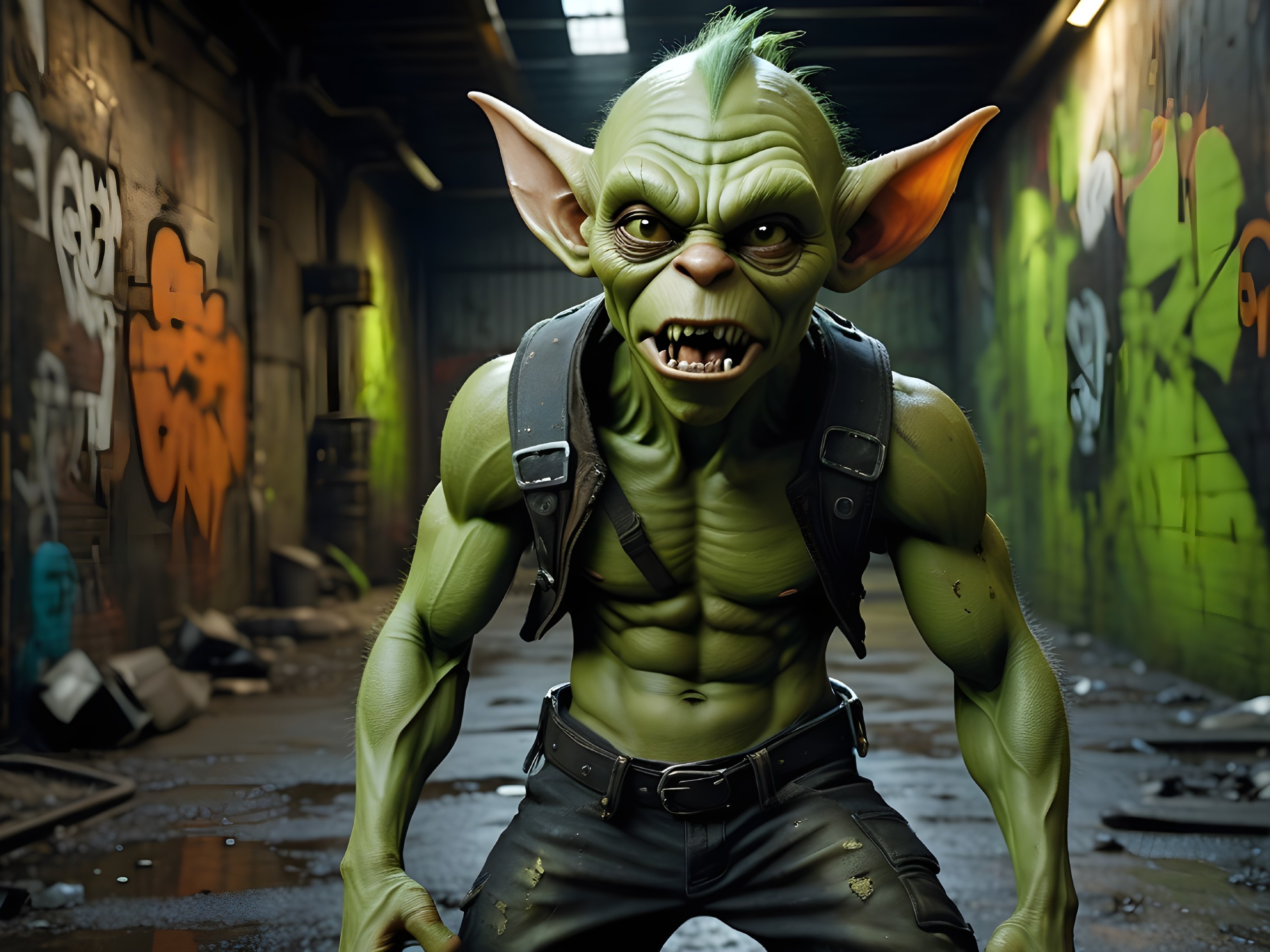 Muscular Goblin in Urban Graffiti Environment