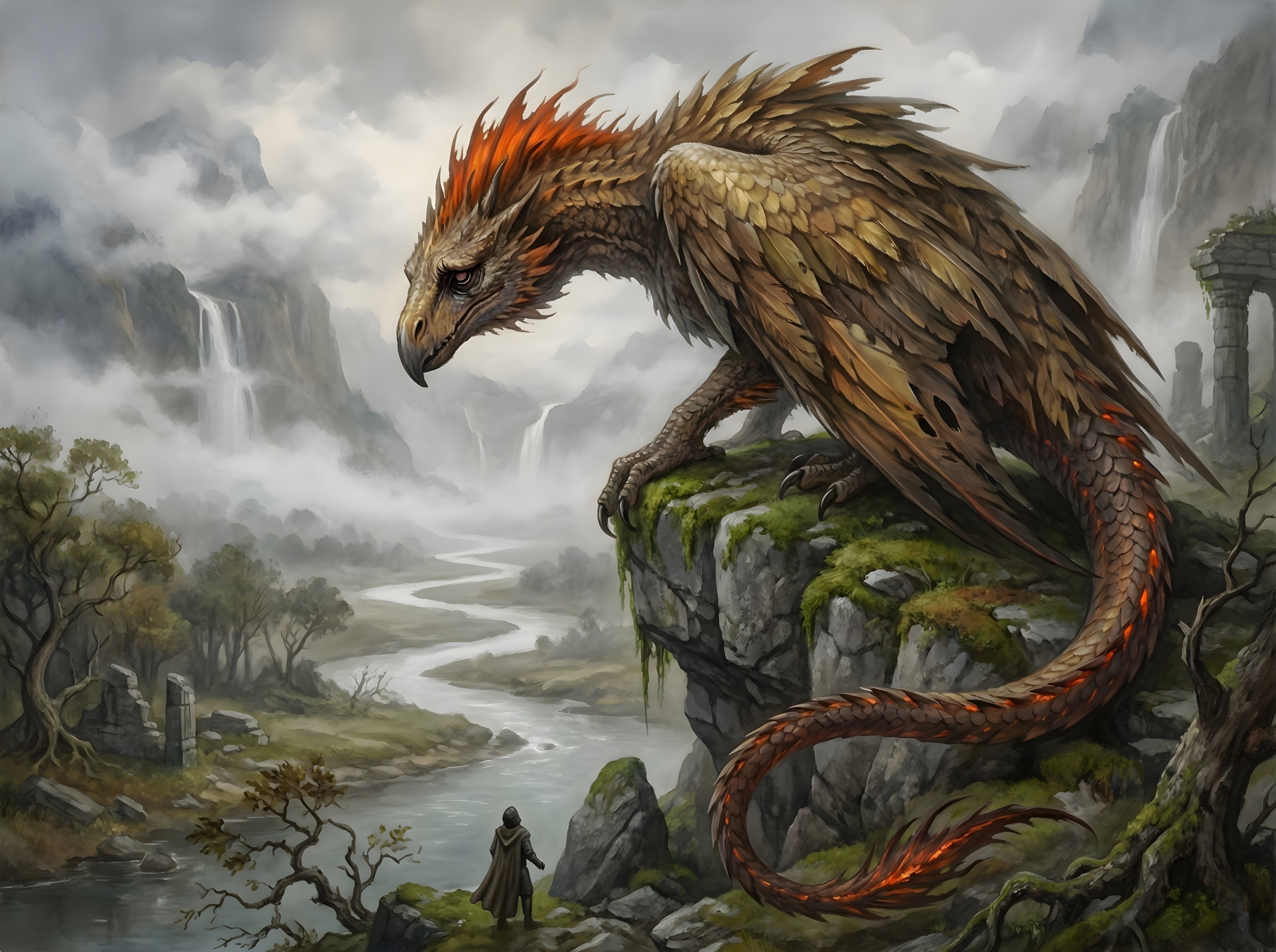 Griffin-like Creature on Cliff Overlooking Foggy Valley