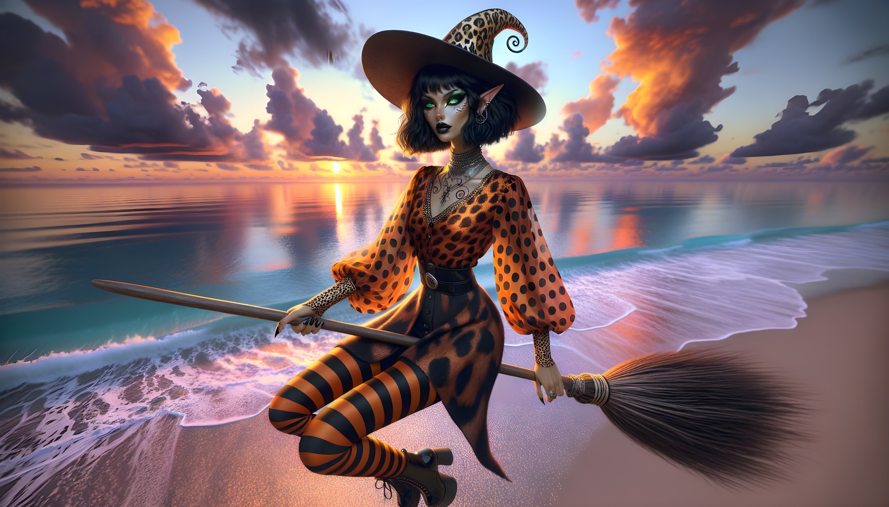 Whimsical Witch with Cat Features on Sunset Beach