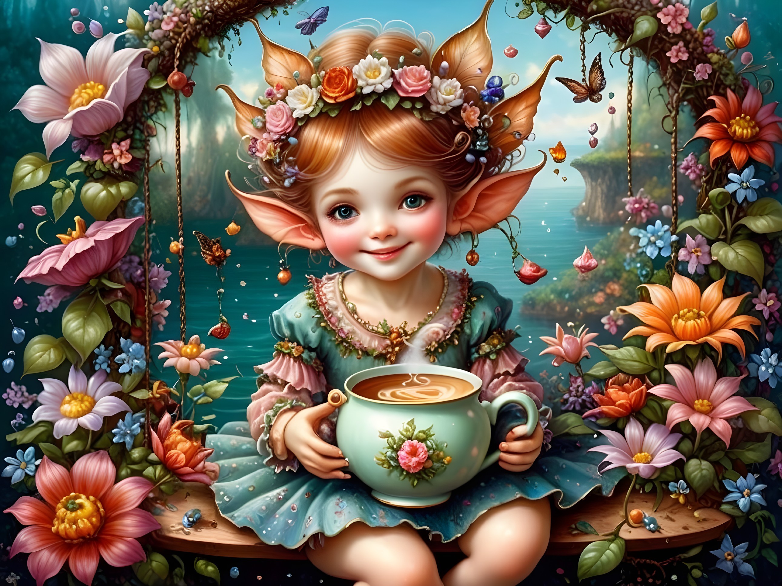 Whimsical Fairy on Floral Swing in Vibrant Garden