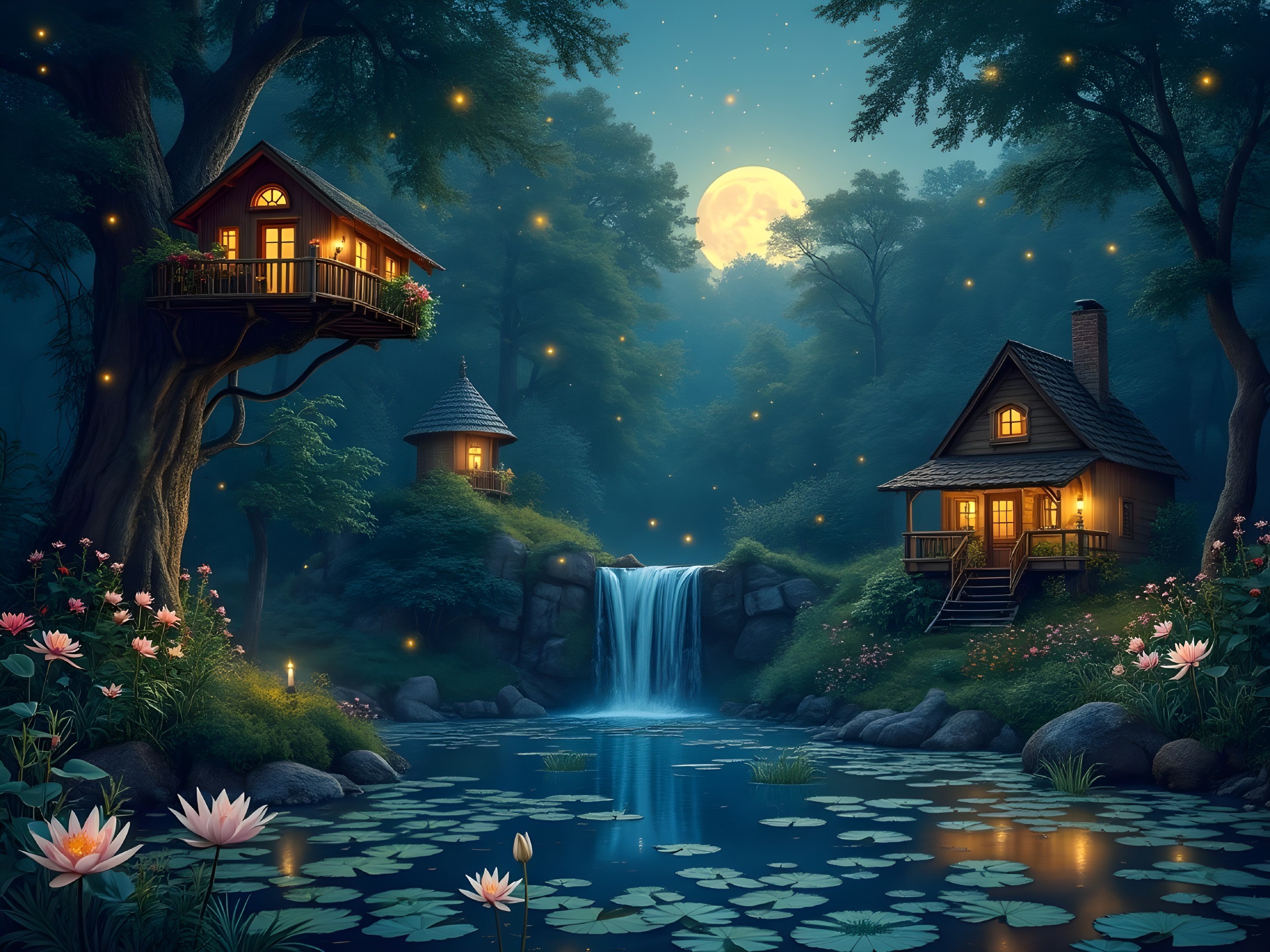 Charming Treehouses Under Moonlight in a Forest