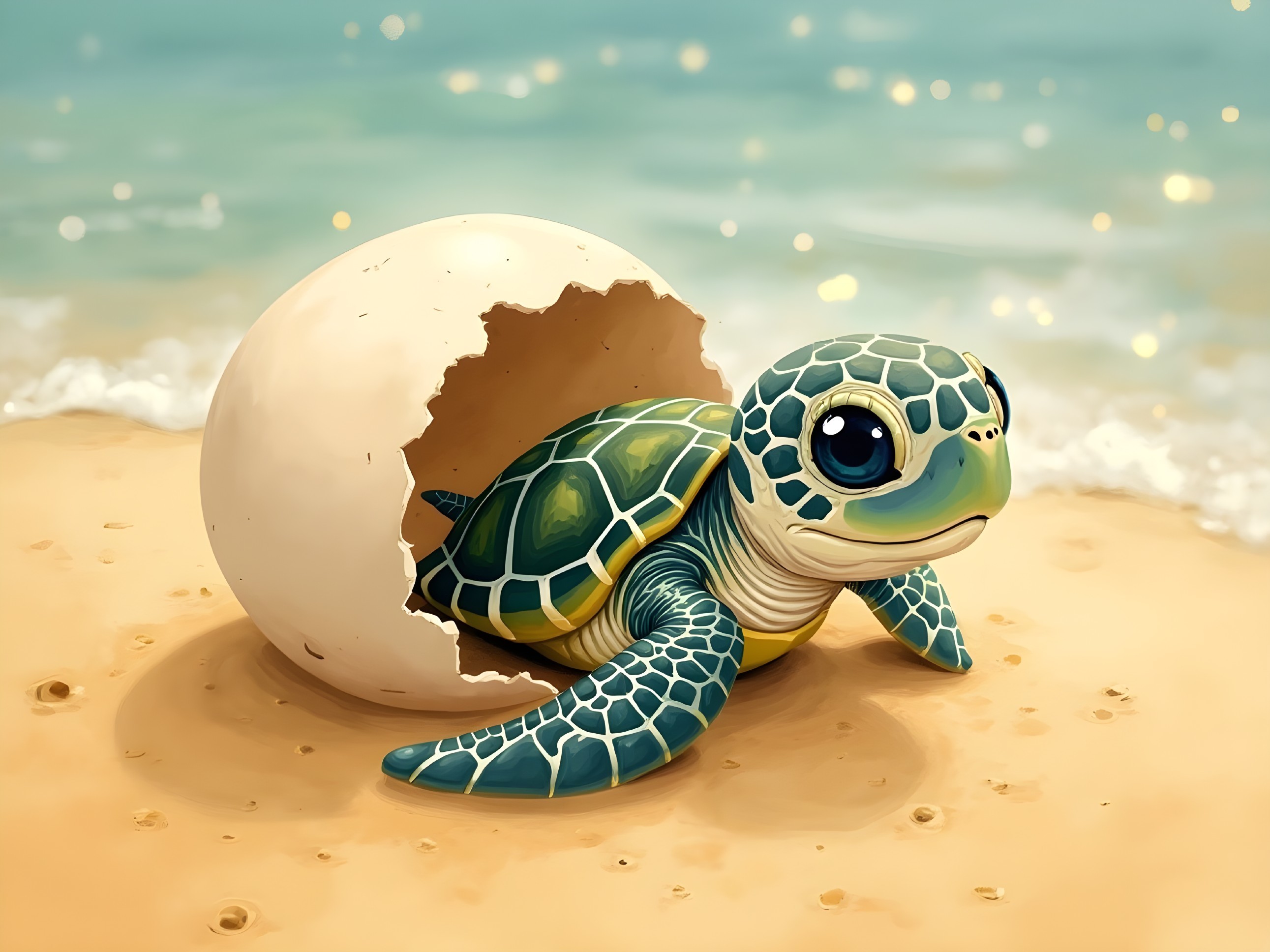 Newly Hatched Turtle on Sandy Beach with Ocean View