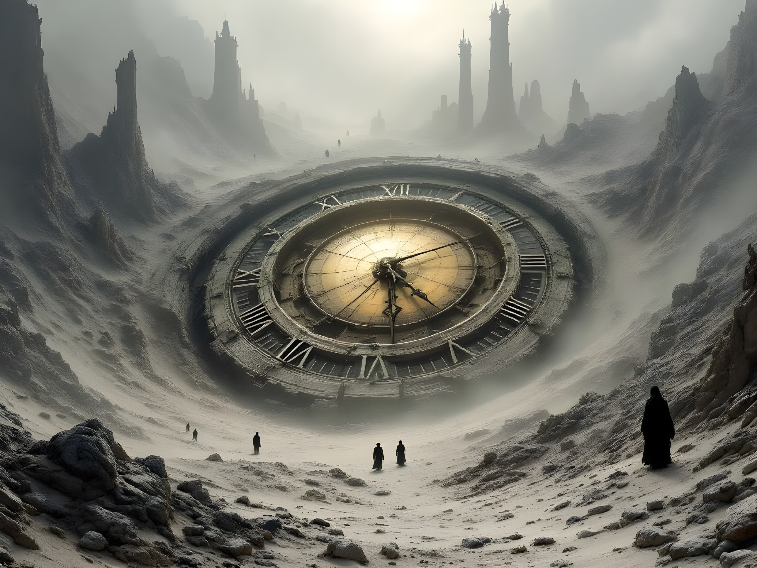 Ancient clock in misty landscape with stone spires