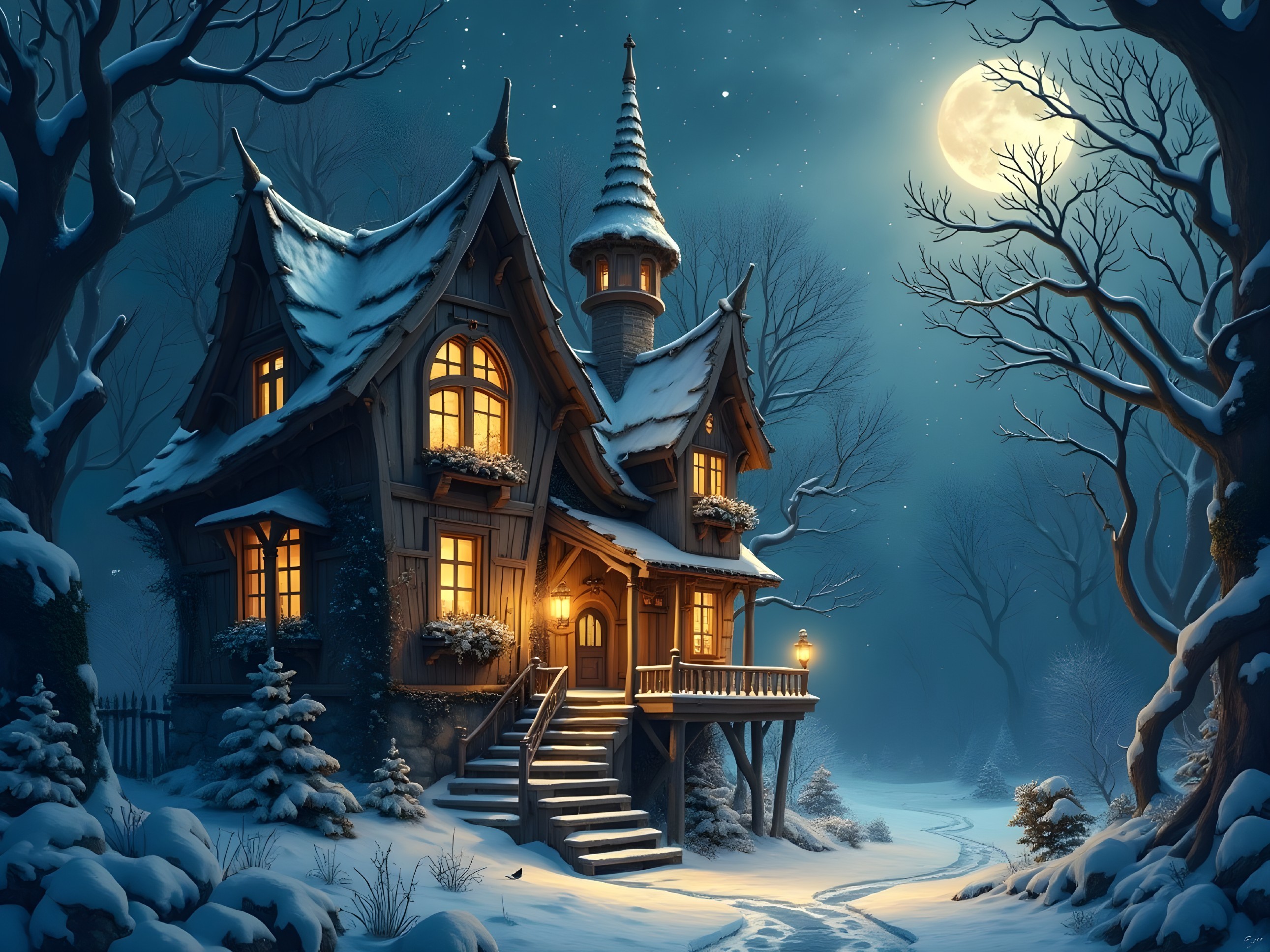 Snow-Covered House Under Full Moon in Winter Landscape