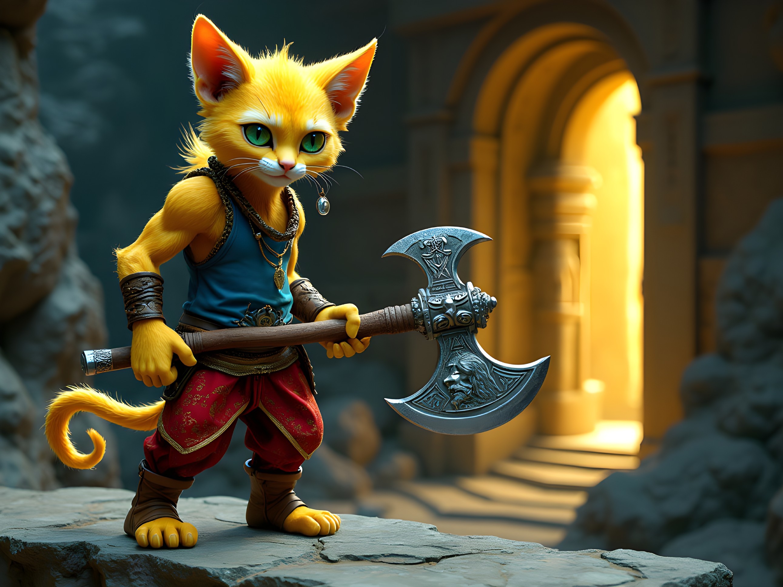 Vibrant Yellow Cat Character on Rocky Ledge with Axe