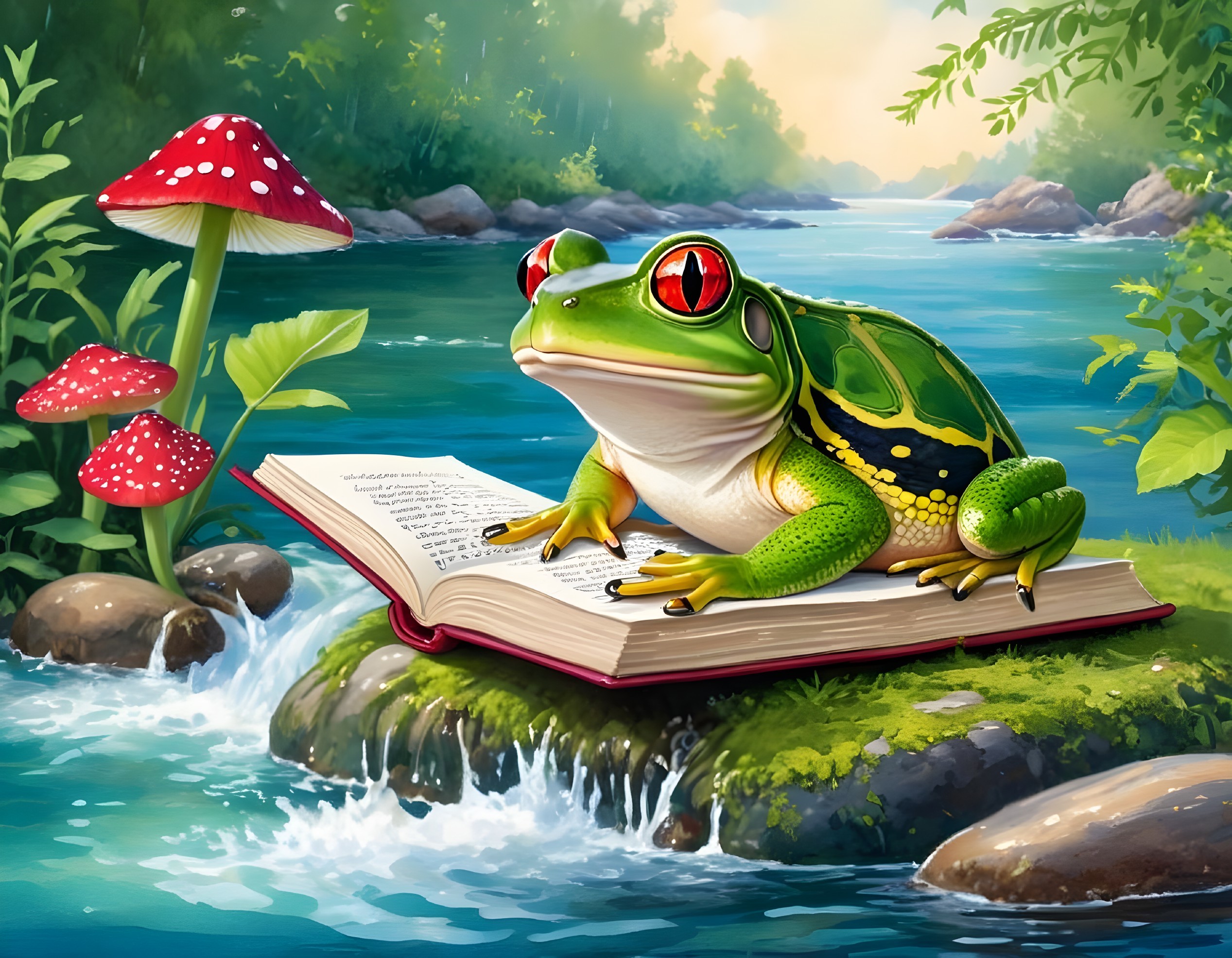 Vibrant Frog on Book by Tranquil River Scene