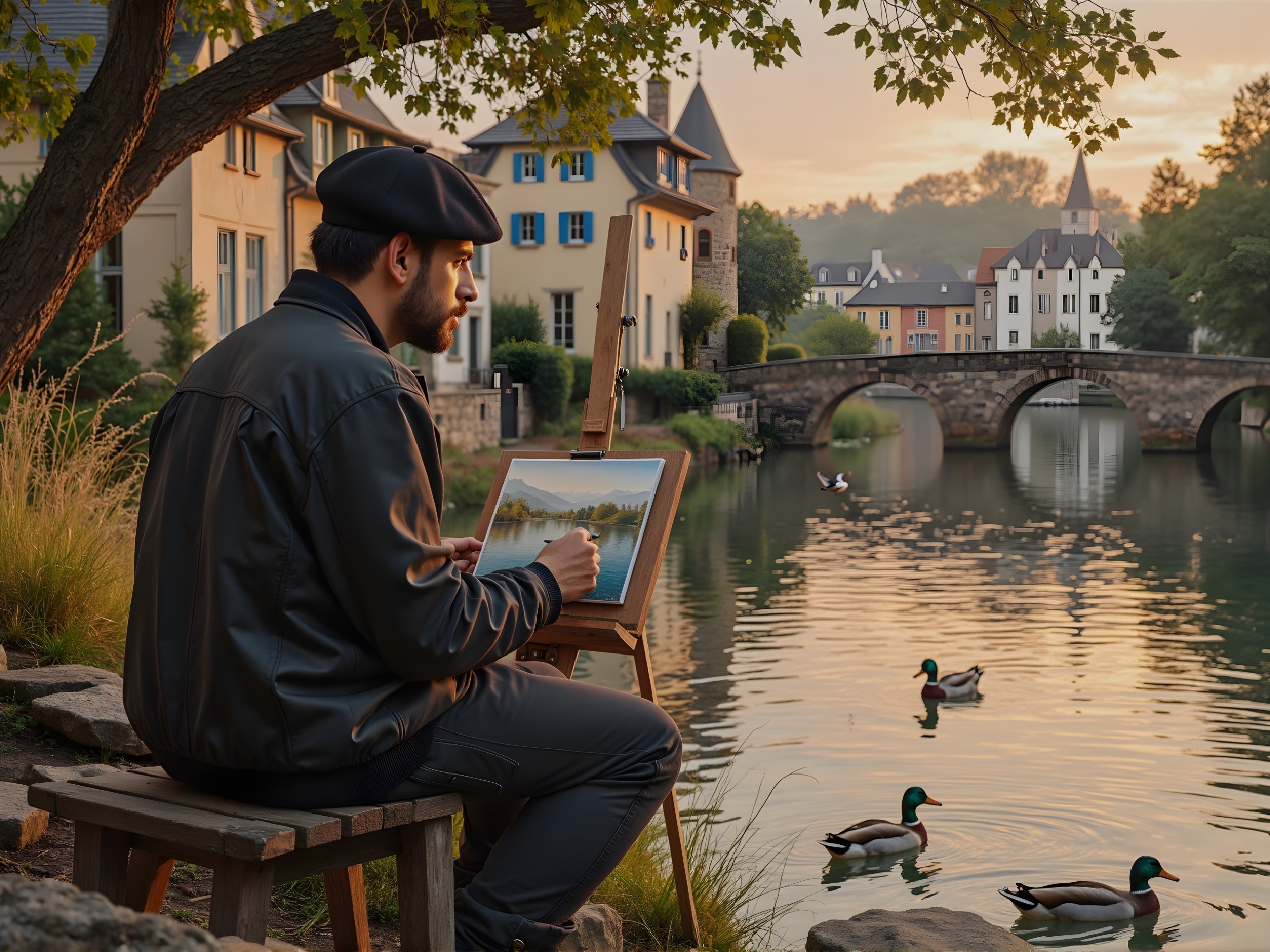 Man in Beret Painting Scenic River and Village