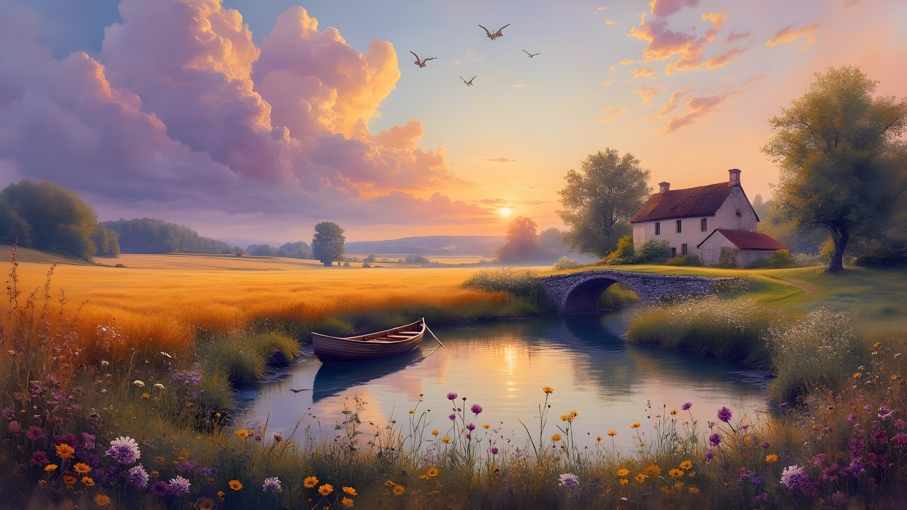 Serene Sunset Landscape with River and Cottage