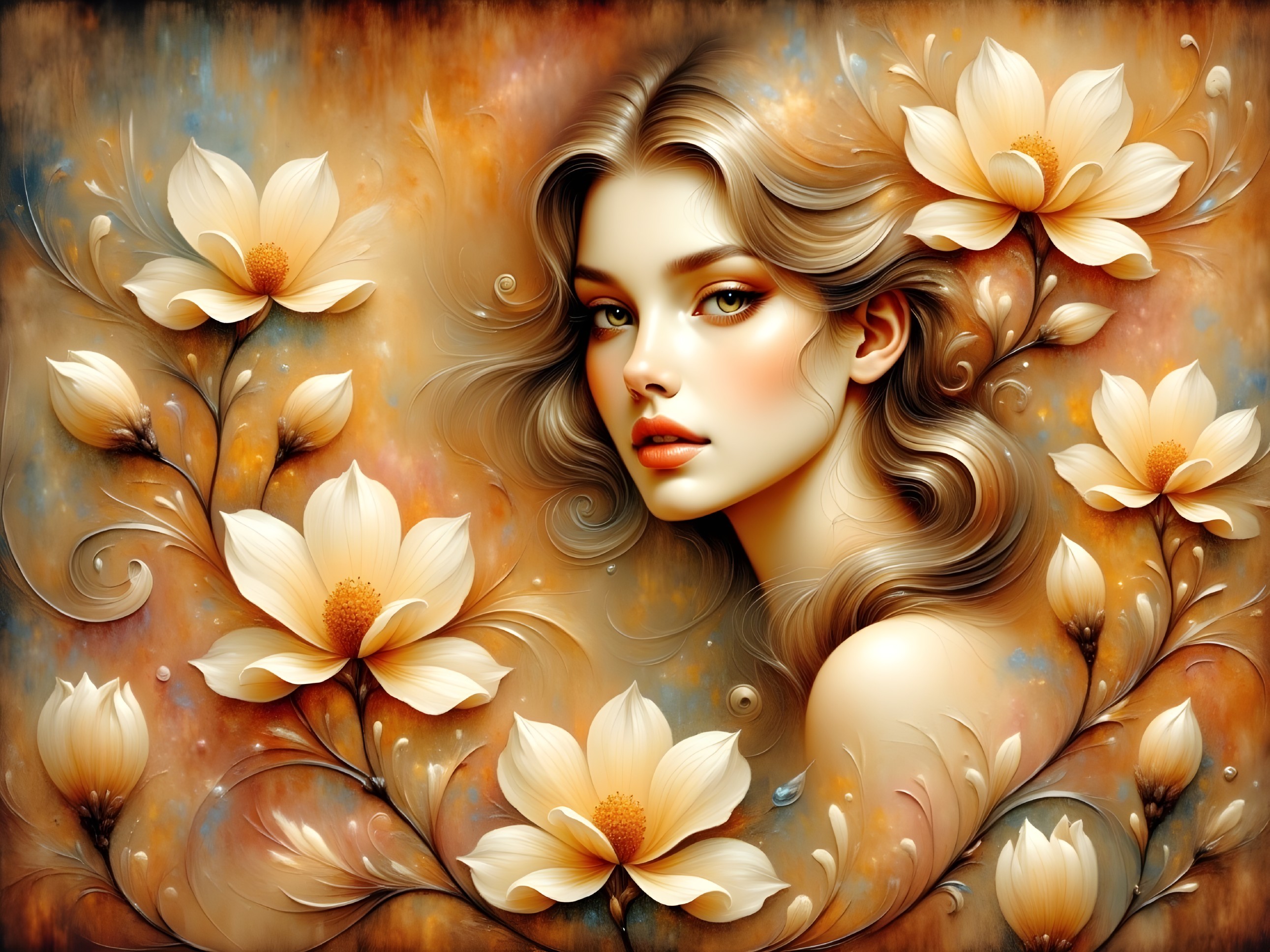 Serene Portrait of Woman with Floral Elements