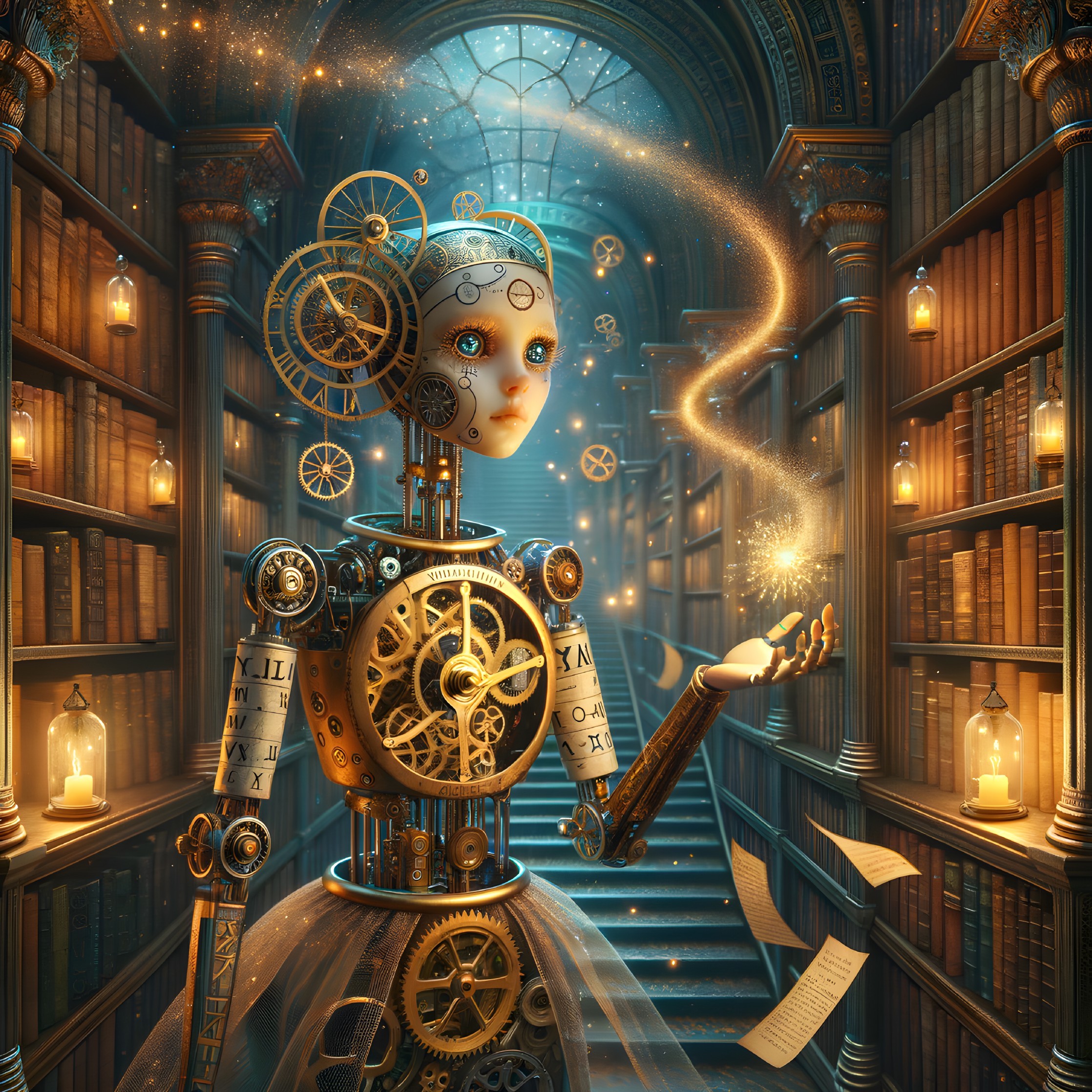 Steampunk Robot in Mystical Library with Magic Swirl