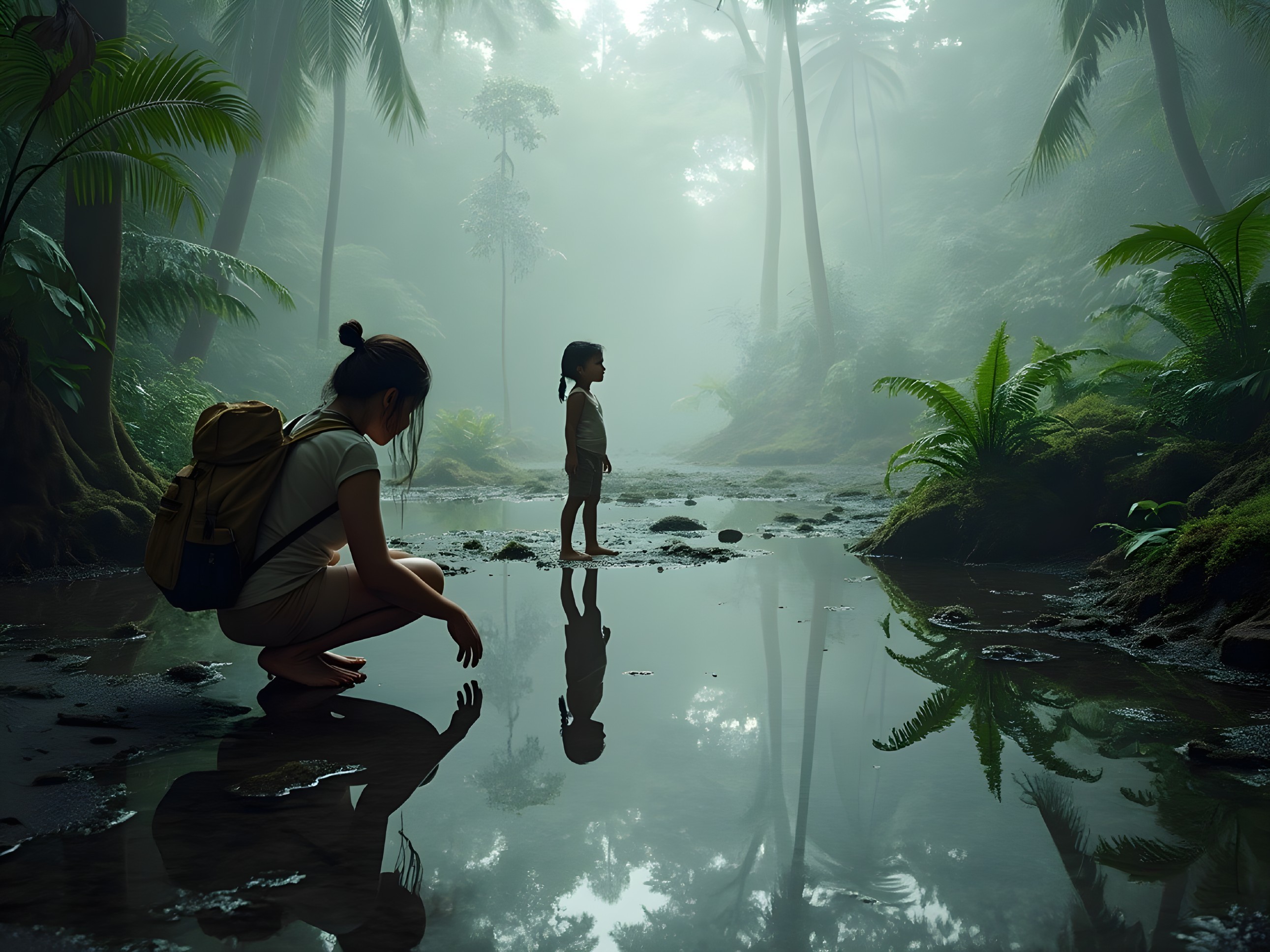 Tranquil Jungle Scene with Woman and Child by Stream
