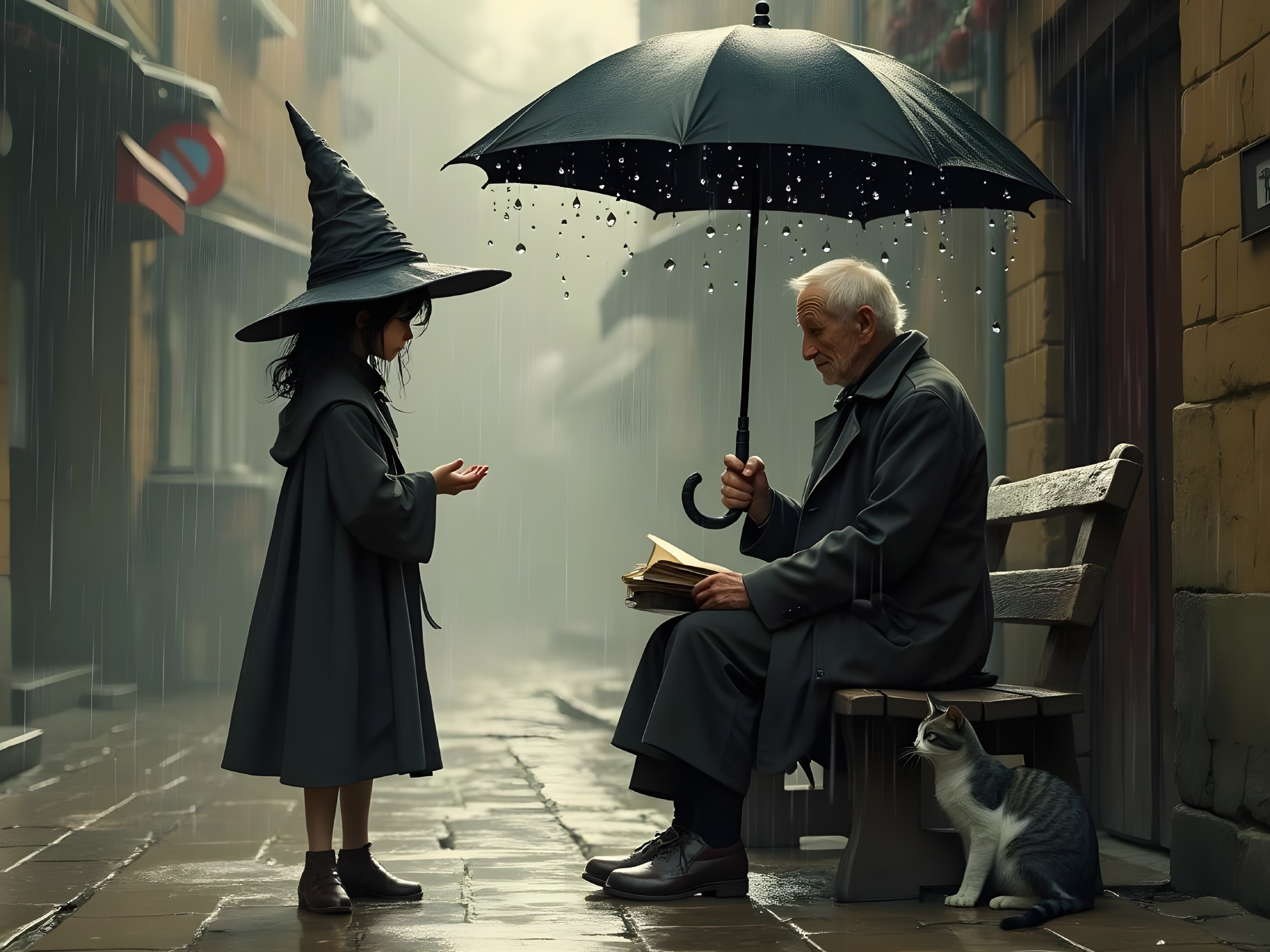 Misty Street Scene with Girl, Elderly Man, and Cat