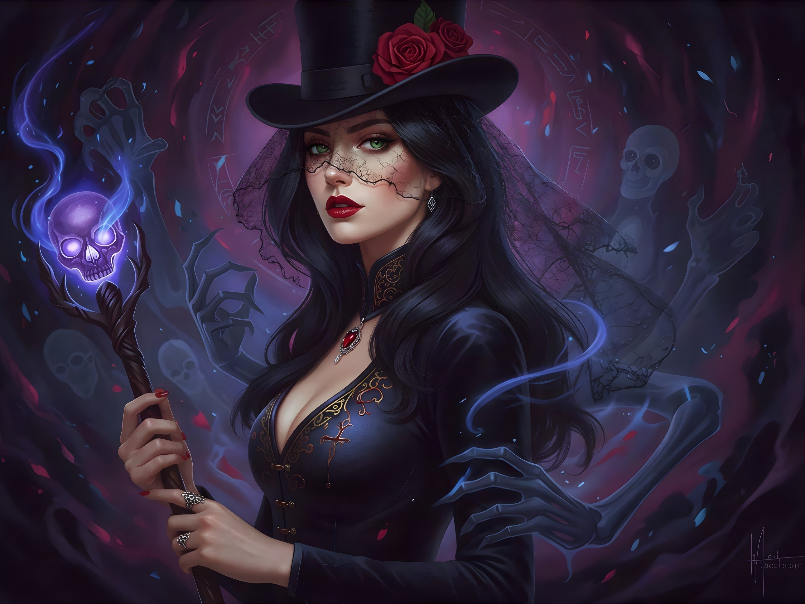 Goth Witch Digital Painting with Dark Background Elements