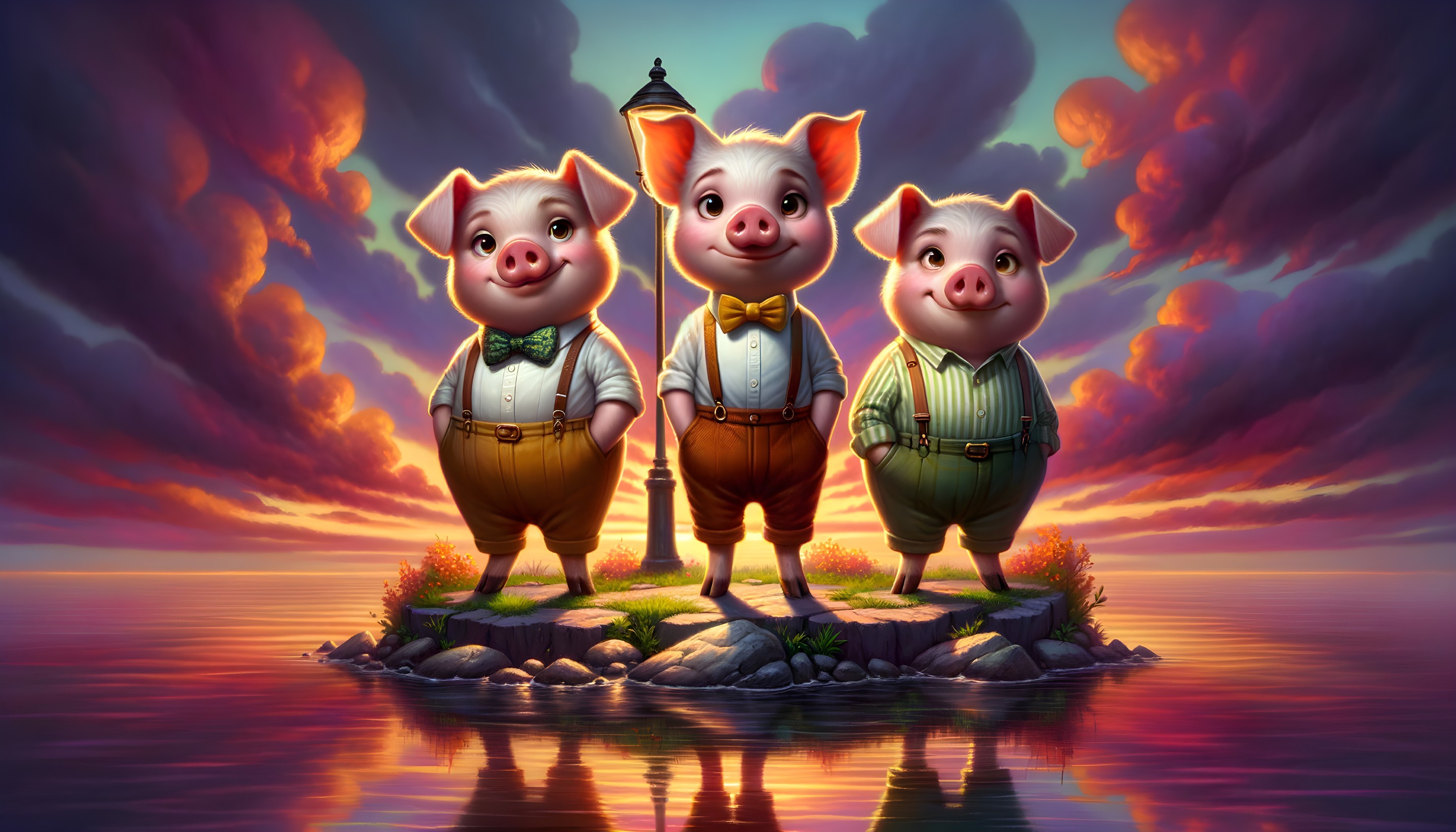 Cartoon Pigs on Island at Sunset with Colorful Sky