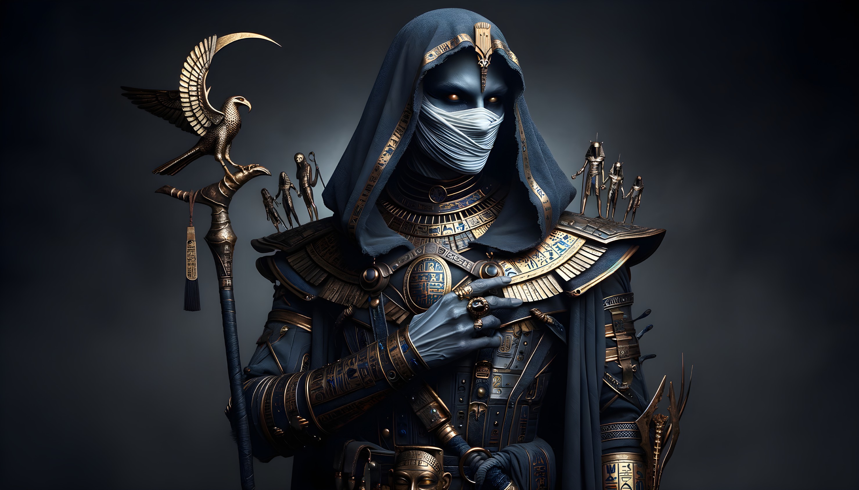 Mysterious Figure in Dark Cloak with Ancient Artifacts