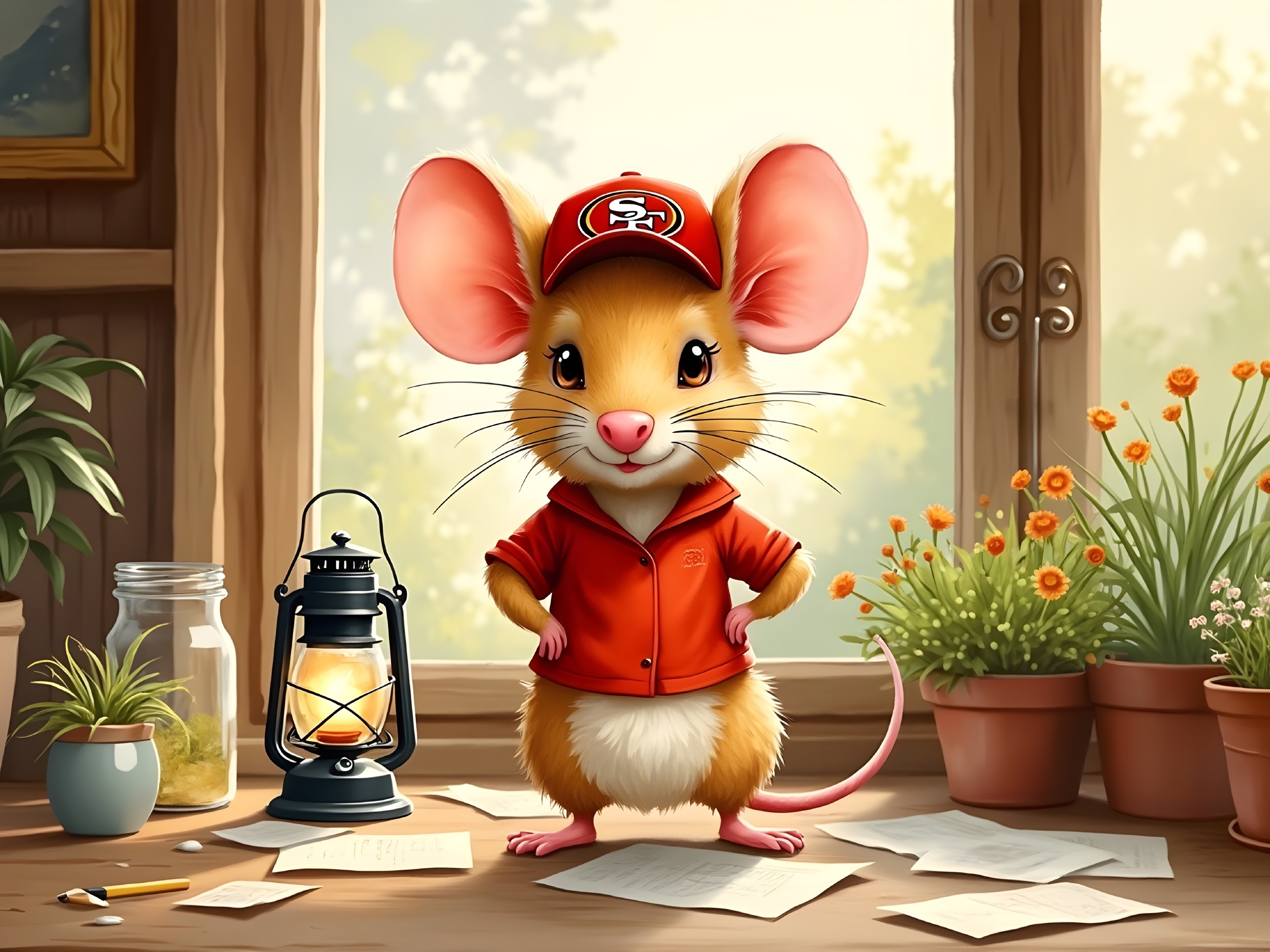 Cartoon Mouse in Cozy Room with Warm Lantern Light