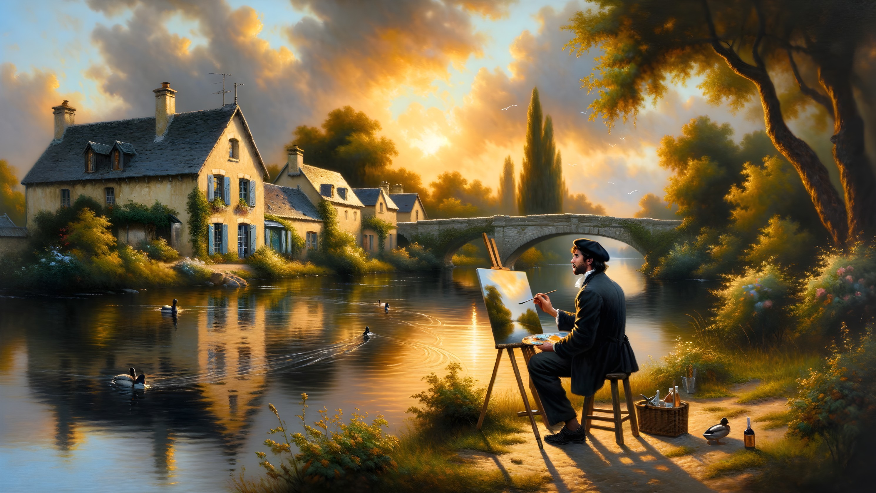 Serene Riverside Scene with Artist at Sunset