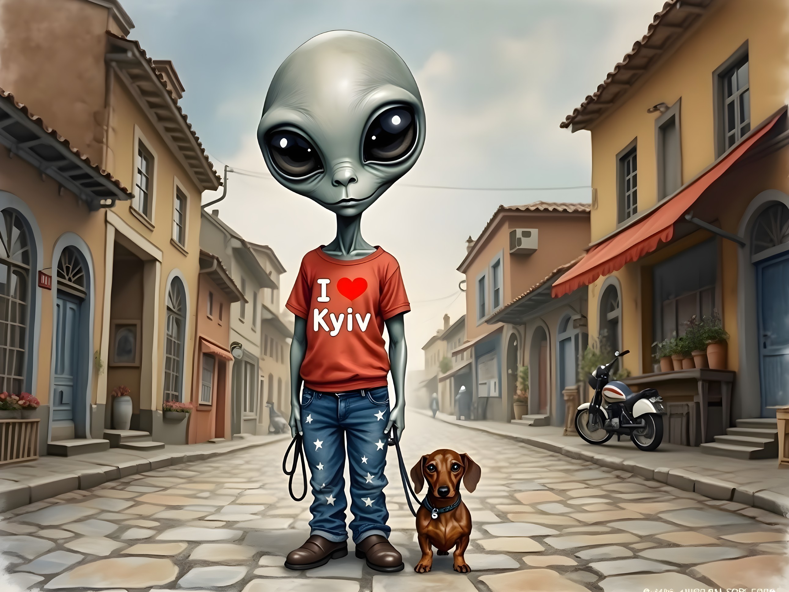 Alien Character in Quirky Street with Dachshund Dog