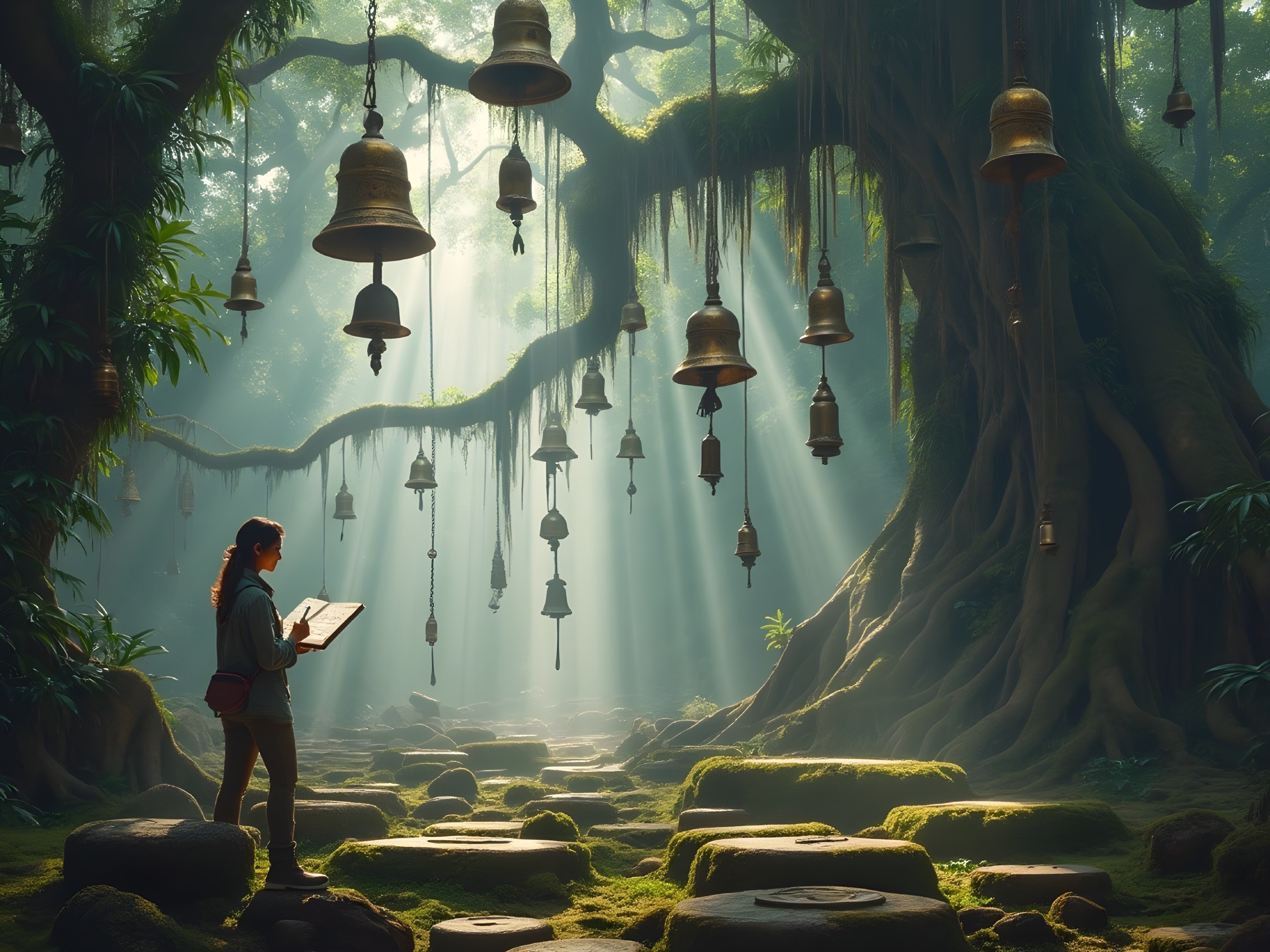 Young woman in serene forest with hanging bells and book